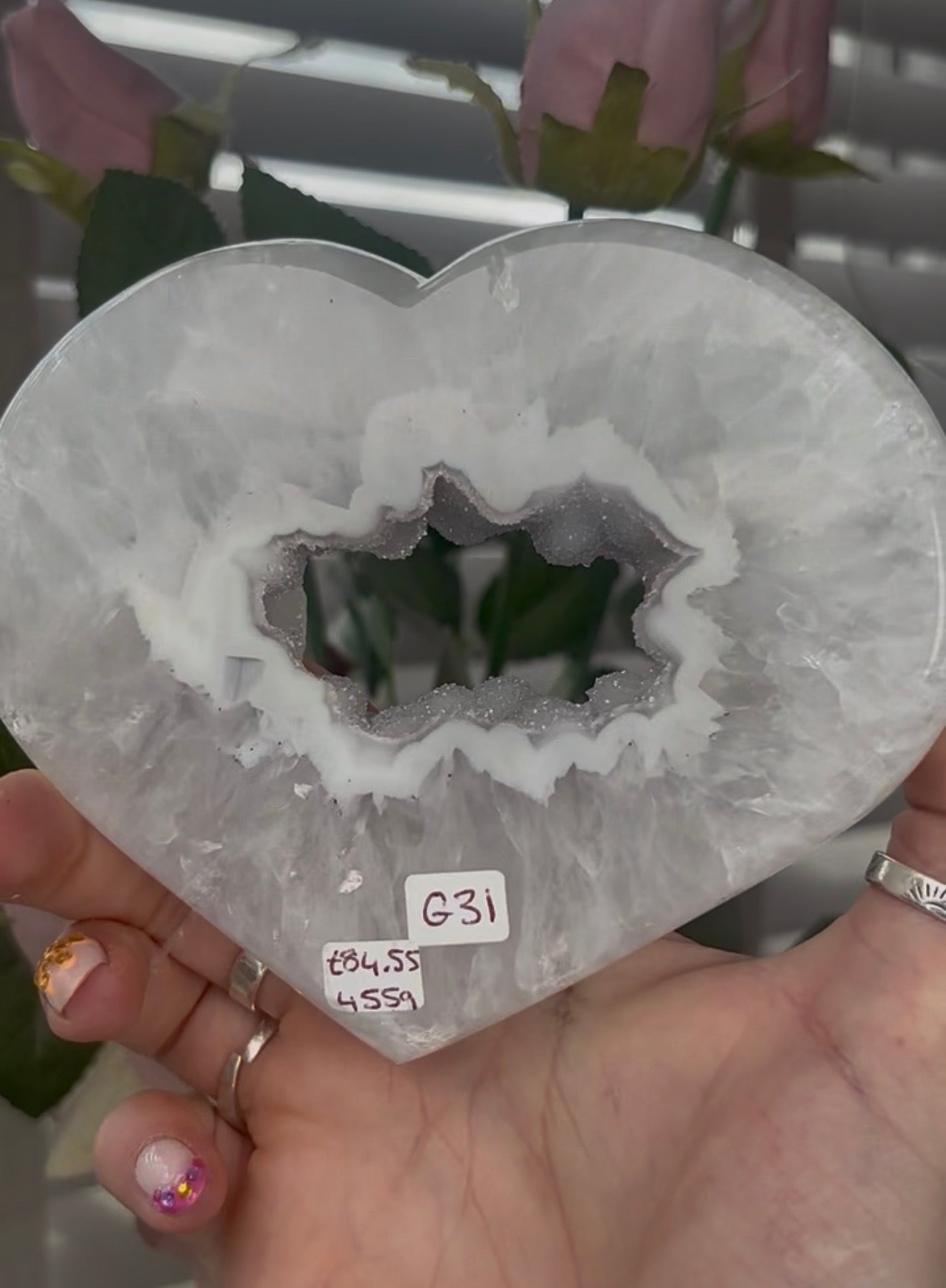 Beautiful, high quality, agate heart with druzy - stand included