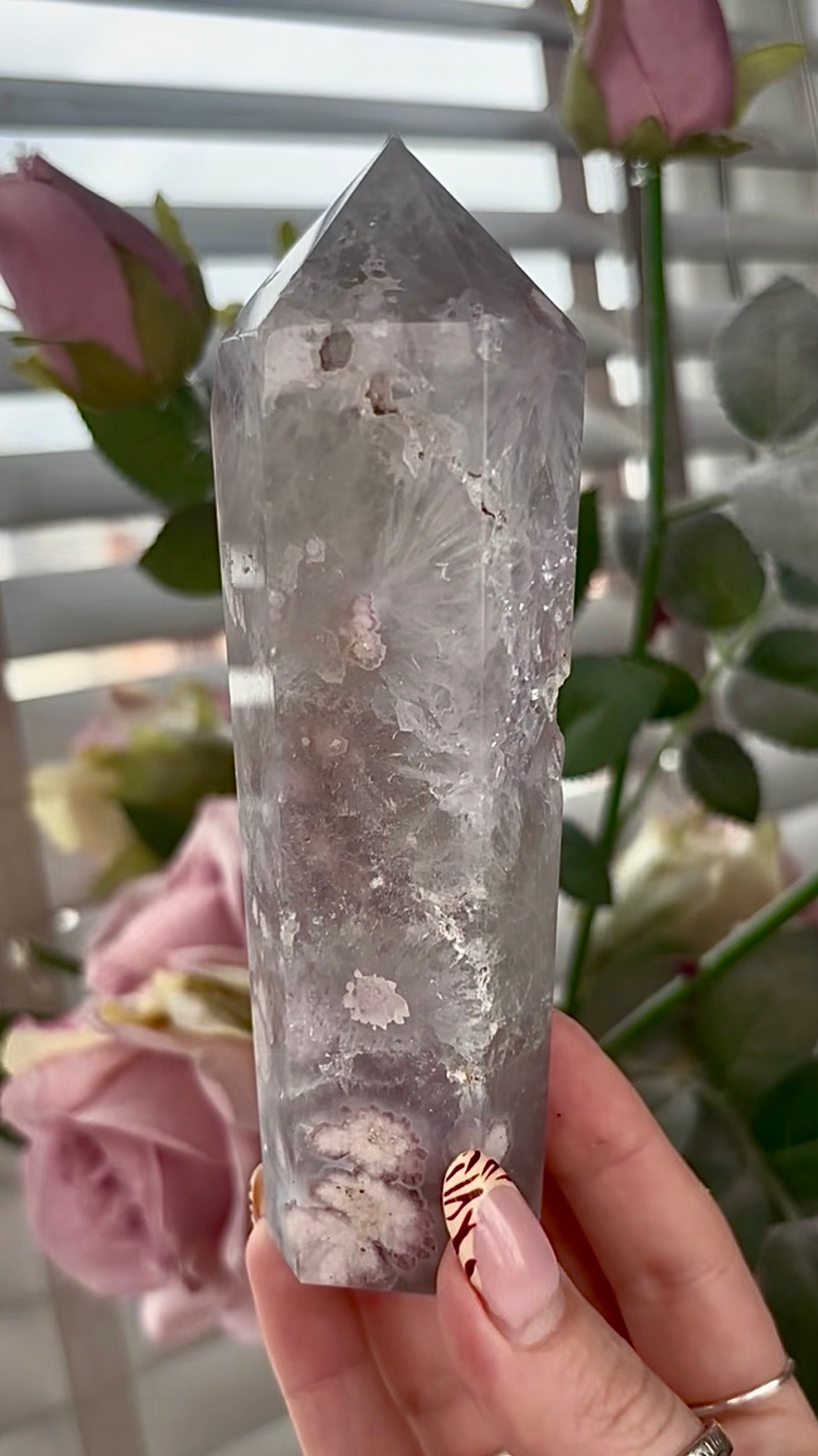 Stunning!! Super high quality, Druzy, green chlorite x blue flower agate tower