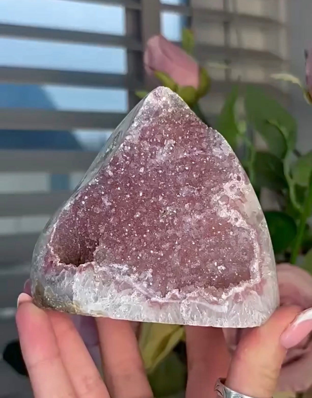 Pink Rainbow amethyst cutbase with a calcite base
