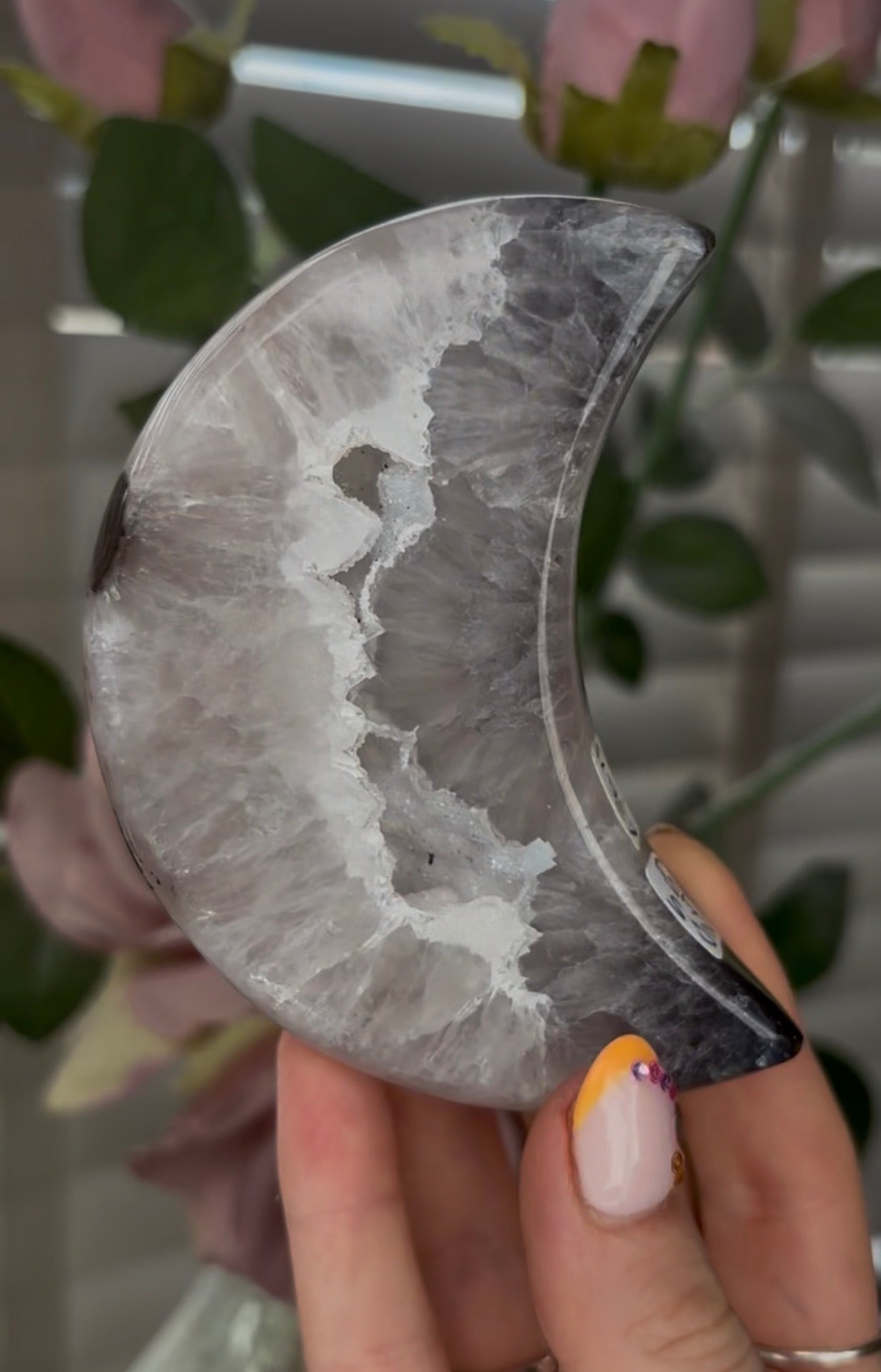 Beautiful, high grade, agate moon with druzy - comes with stand