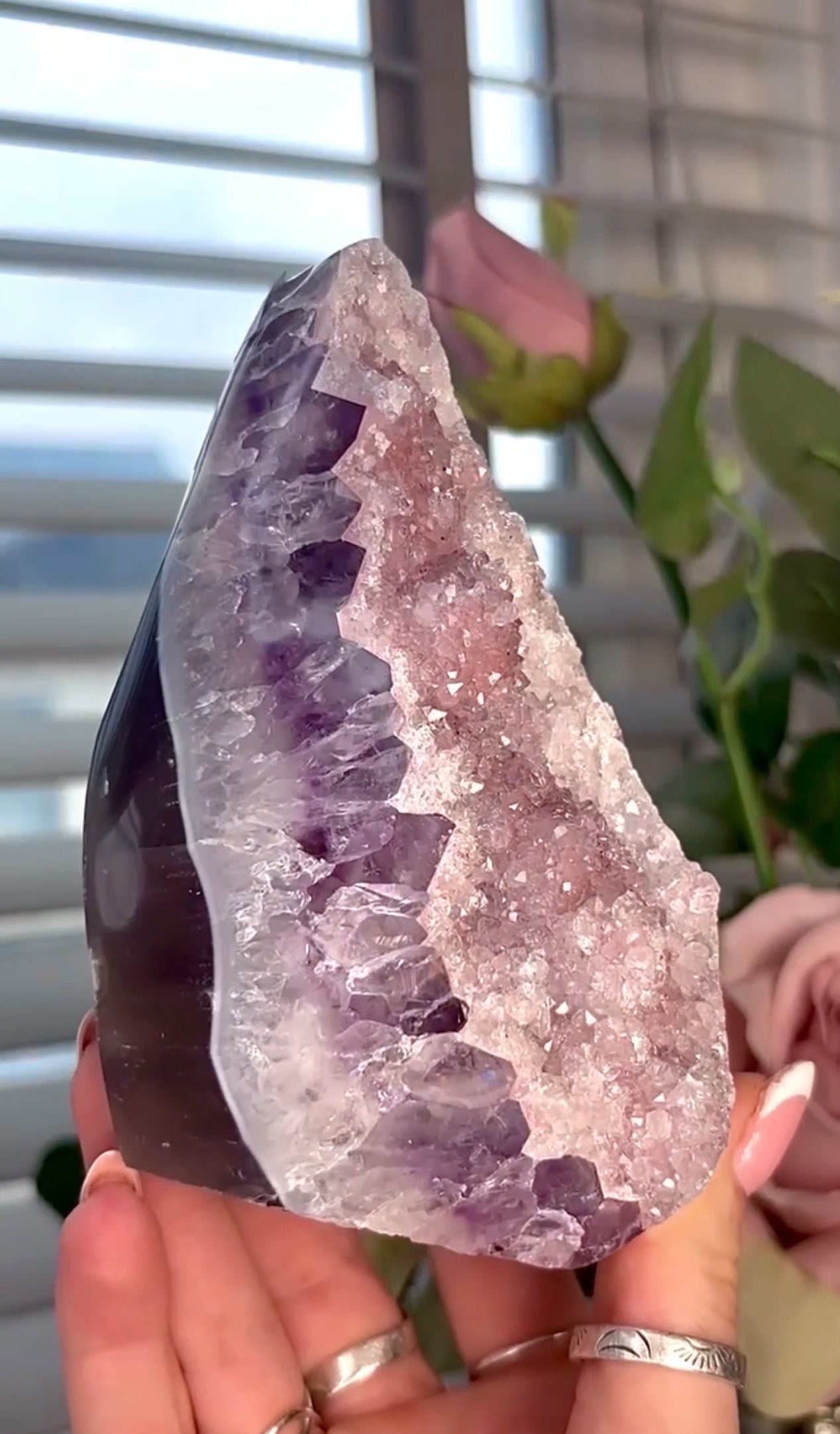 High quality, pink toned, rainbow amethyst on purple agate, cutbase