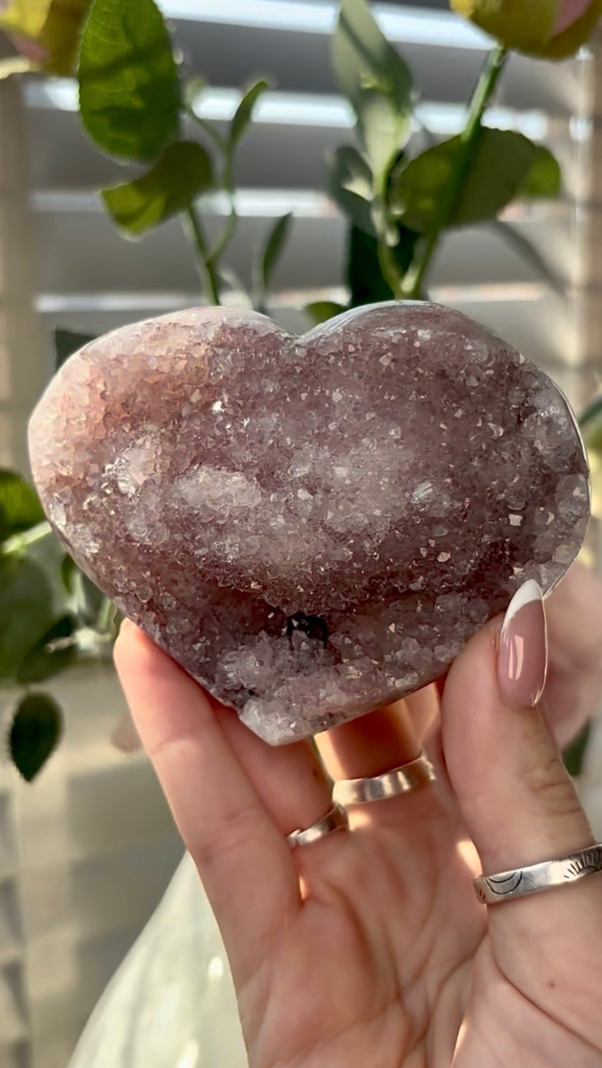 Gorgeous, hq, druzy pink amethyst heart- comes with stand