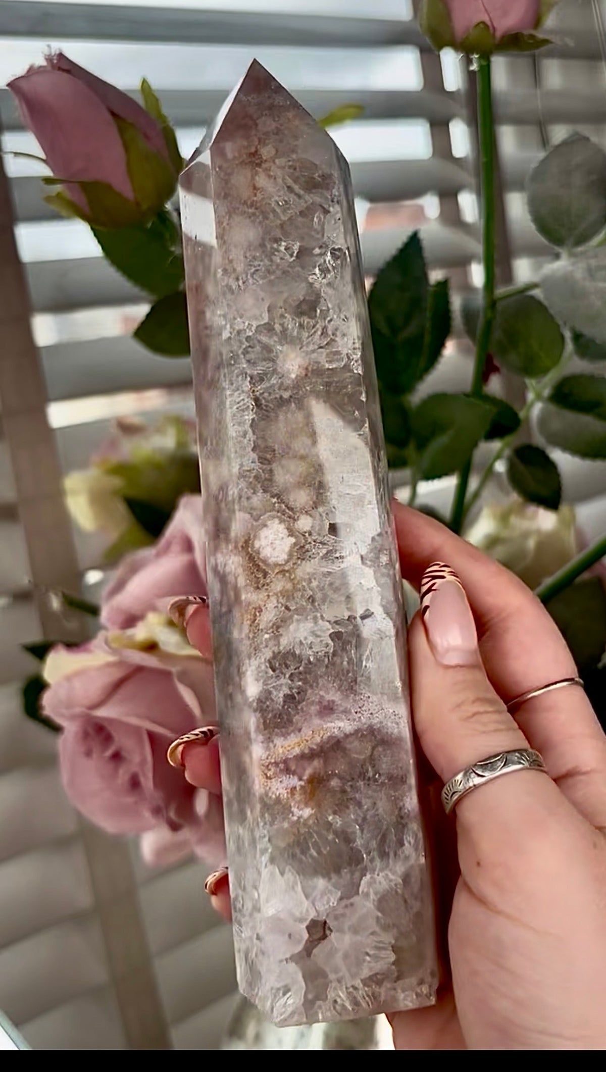 Stunning!! Super high quality, Druzy, green chlorite x blue flower agate tower