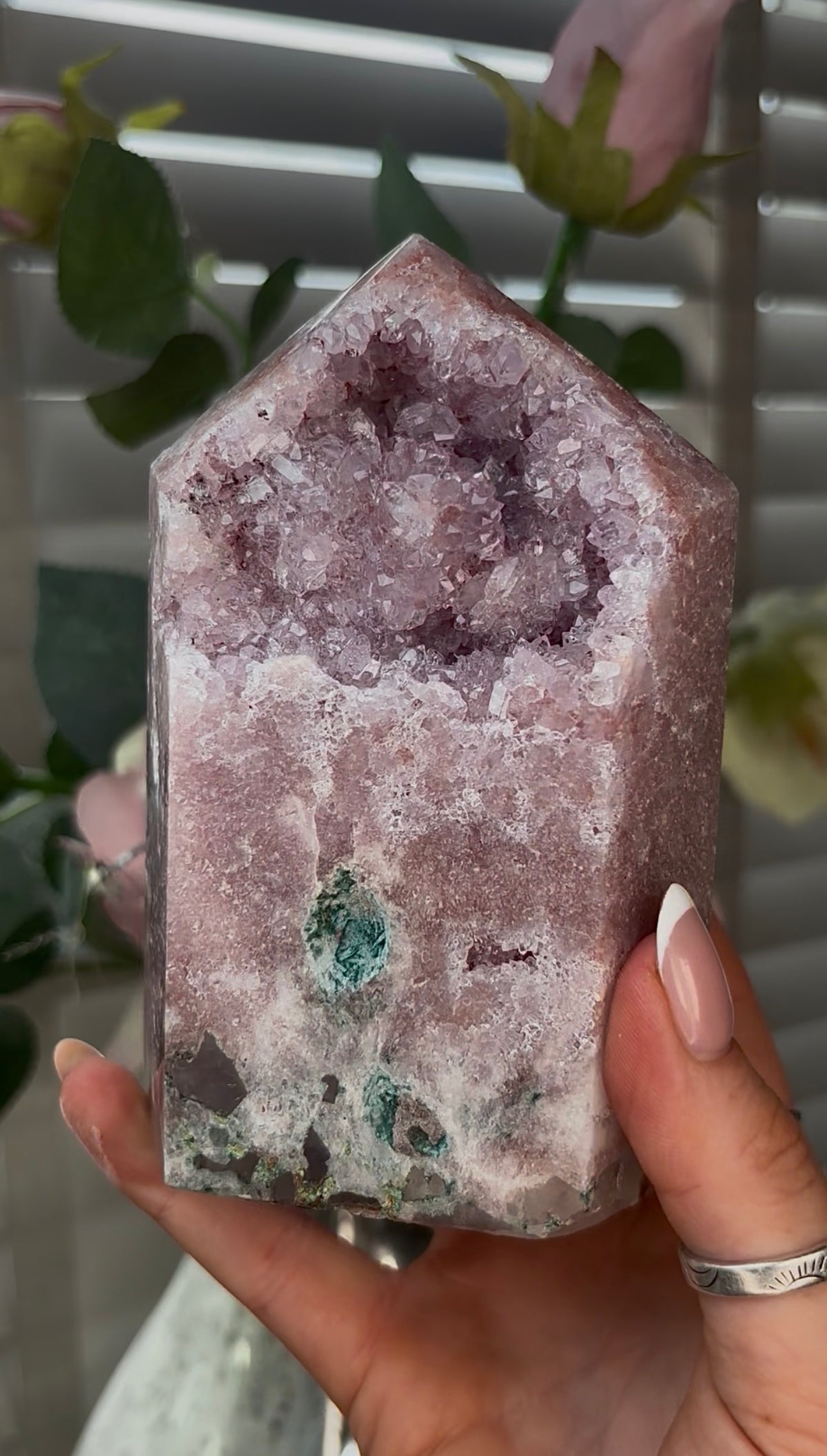 Beautiful, hq, druzy, chunky Pink amethyst tower 12.7cm(h) by 8.2cm(w)