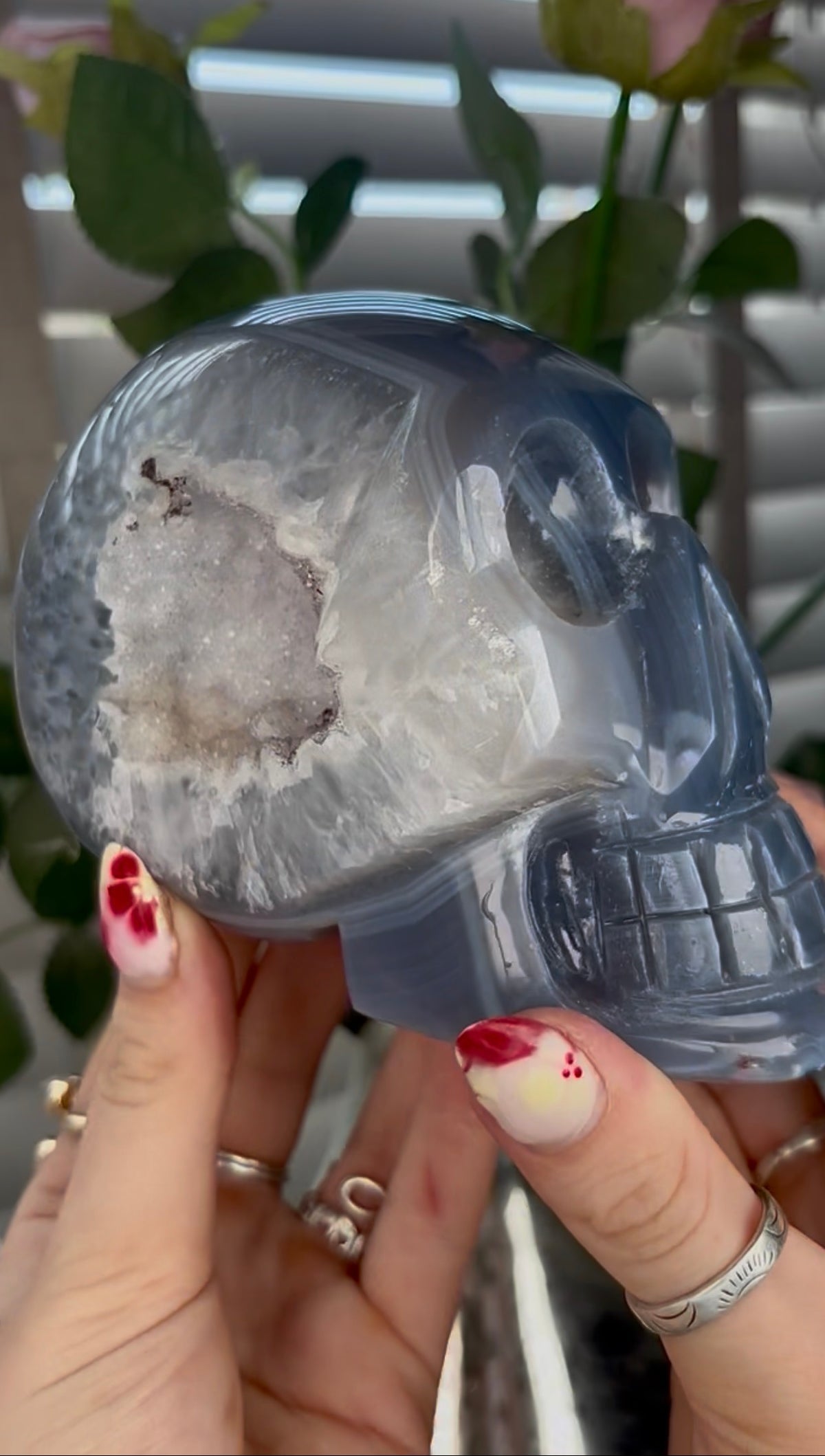 Beautiful, blue banded, amethyst agate, skull with incredible druzy