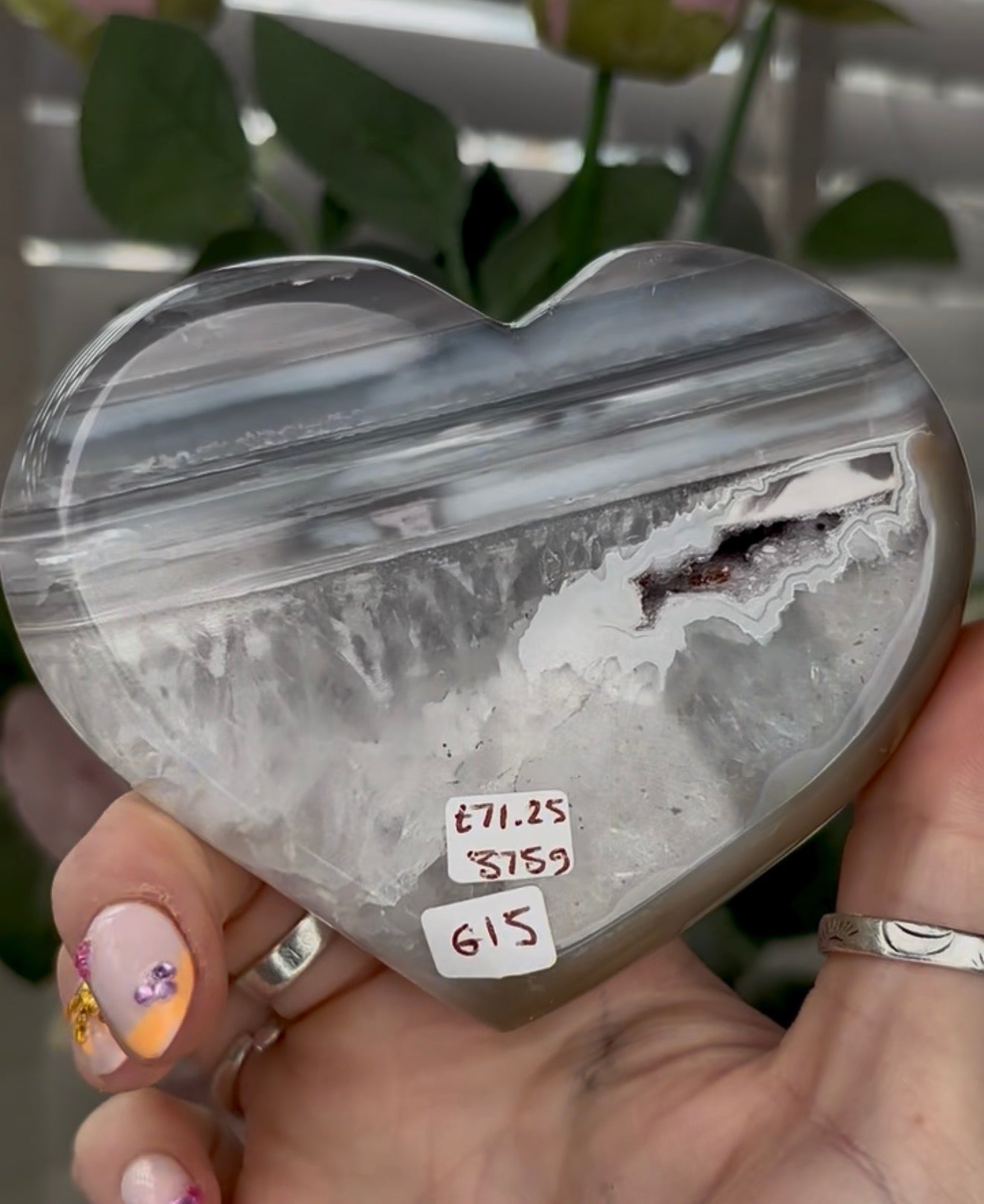 Beautiful, high grade, blue banded agate heart with druzy - stand included