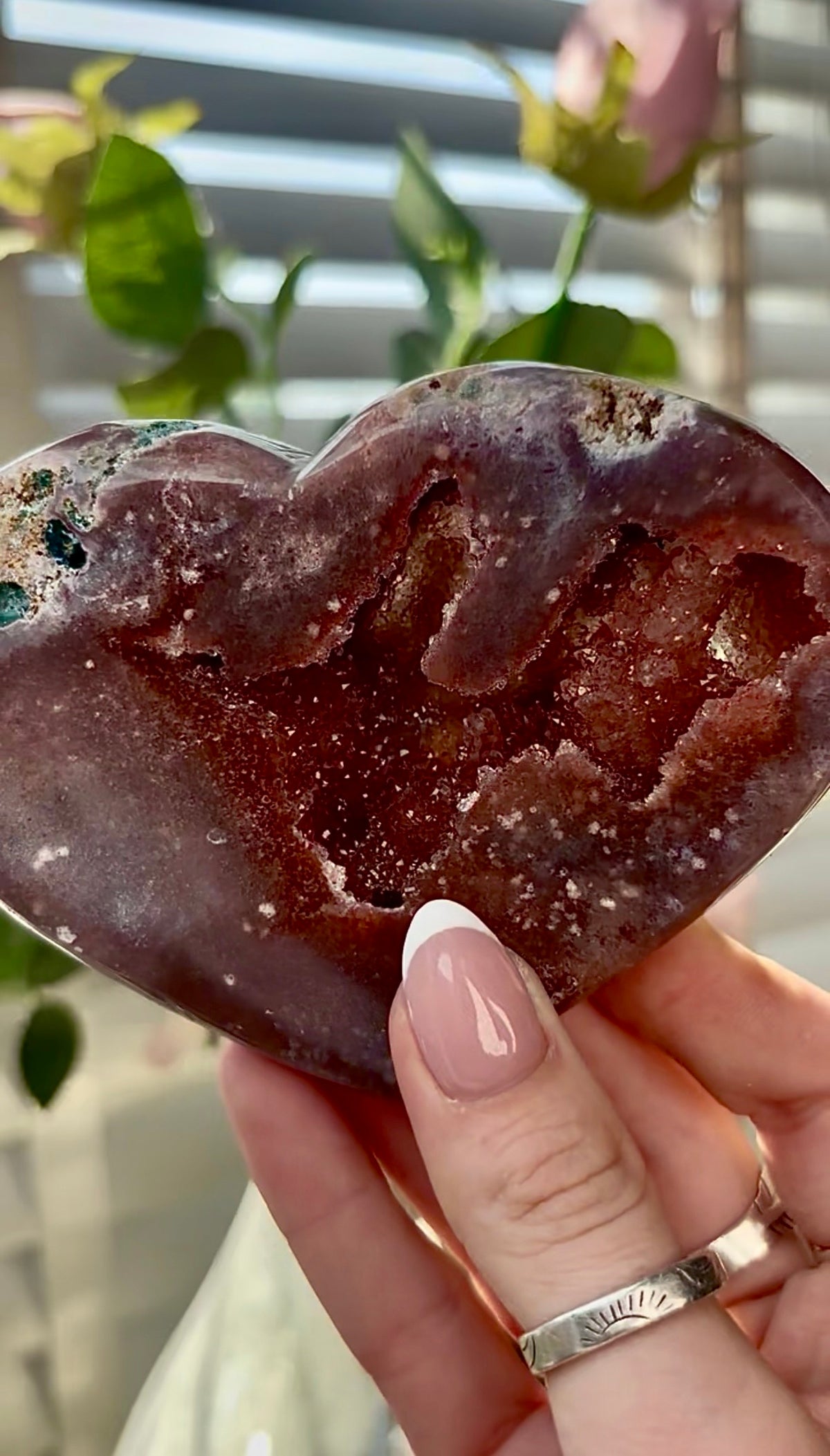 Gorgeous, high quality, berry red pink amethyst heart- comes with stand