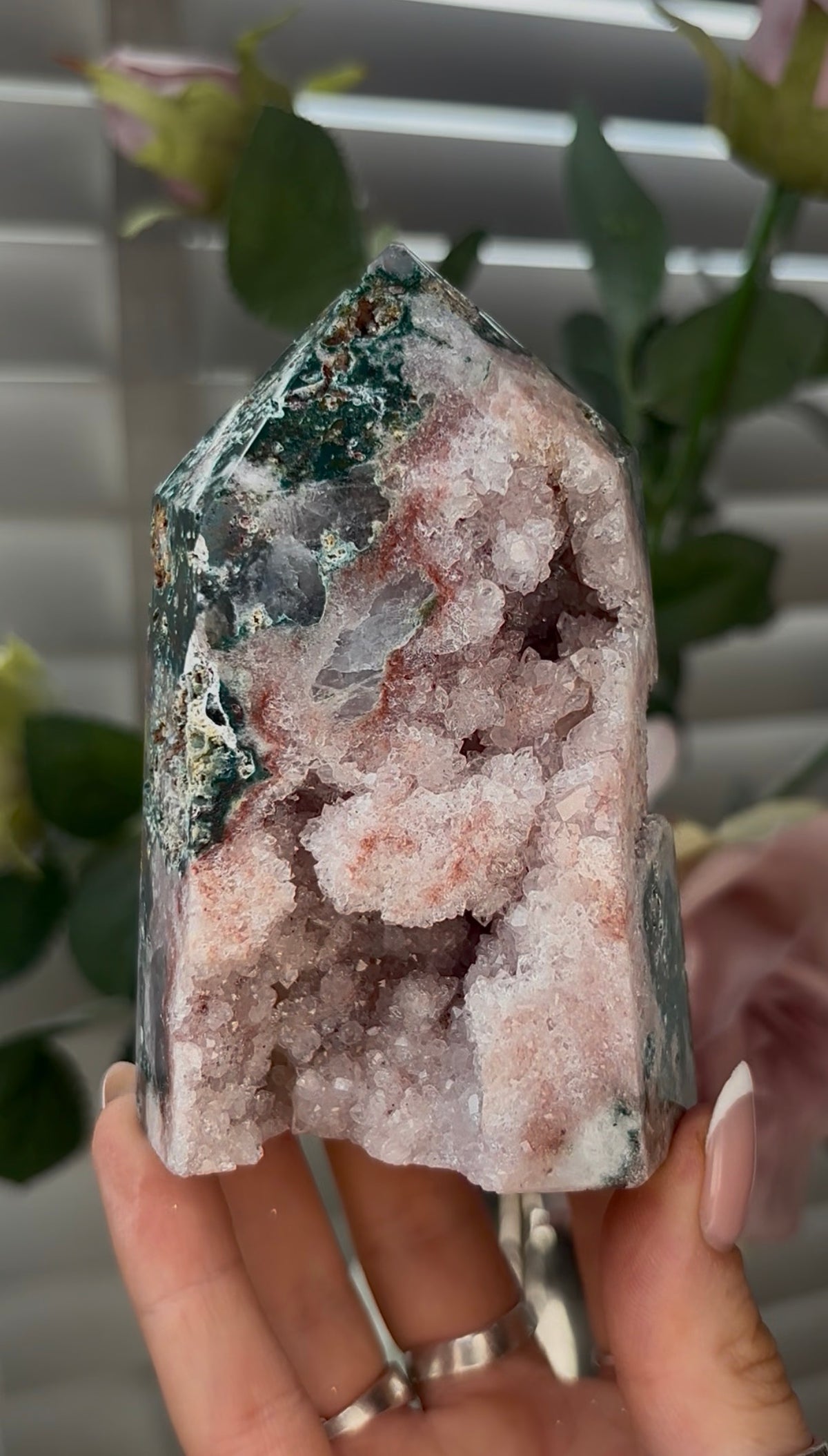 Beautiful, high quality, Pink amethyst tower with Jasper 10.2cm(h) by 6.5cm(w)