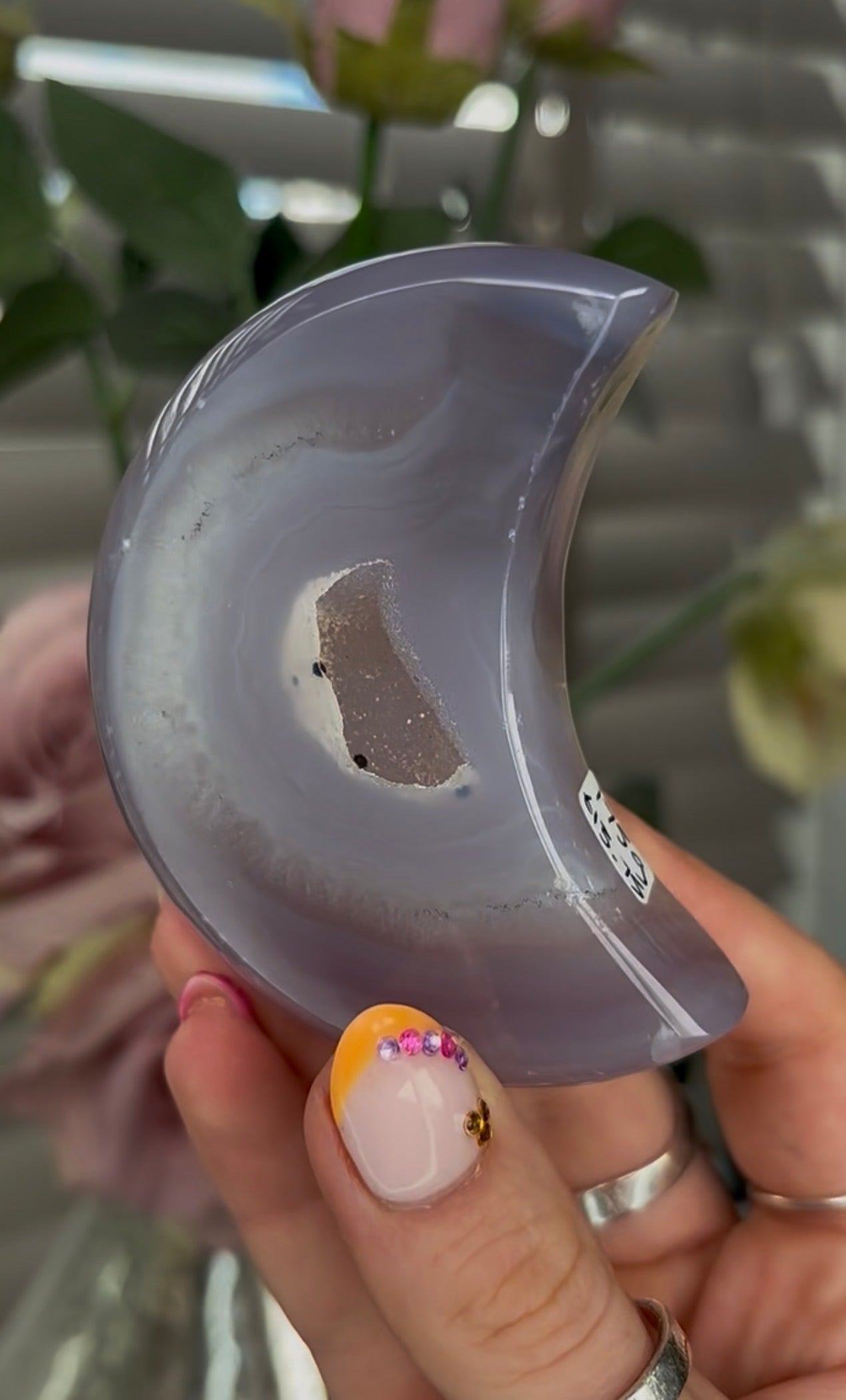 Beautiful, agate moon with druzy - stand included