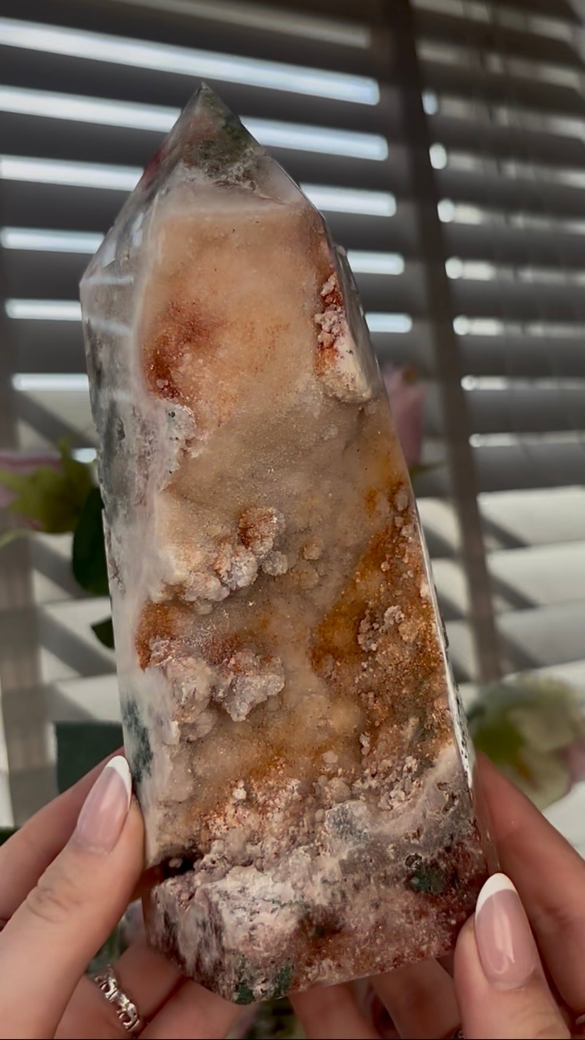 Beautiful, Pink amethyst tower with Jasper 19.5cm(h) by 7.5cm(w)