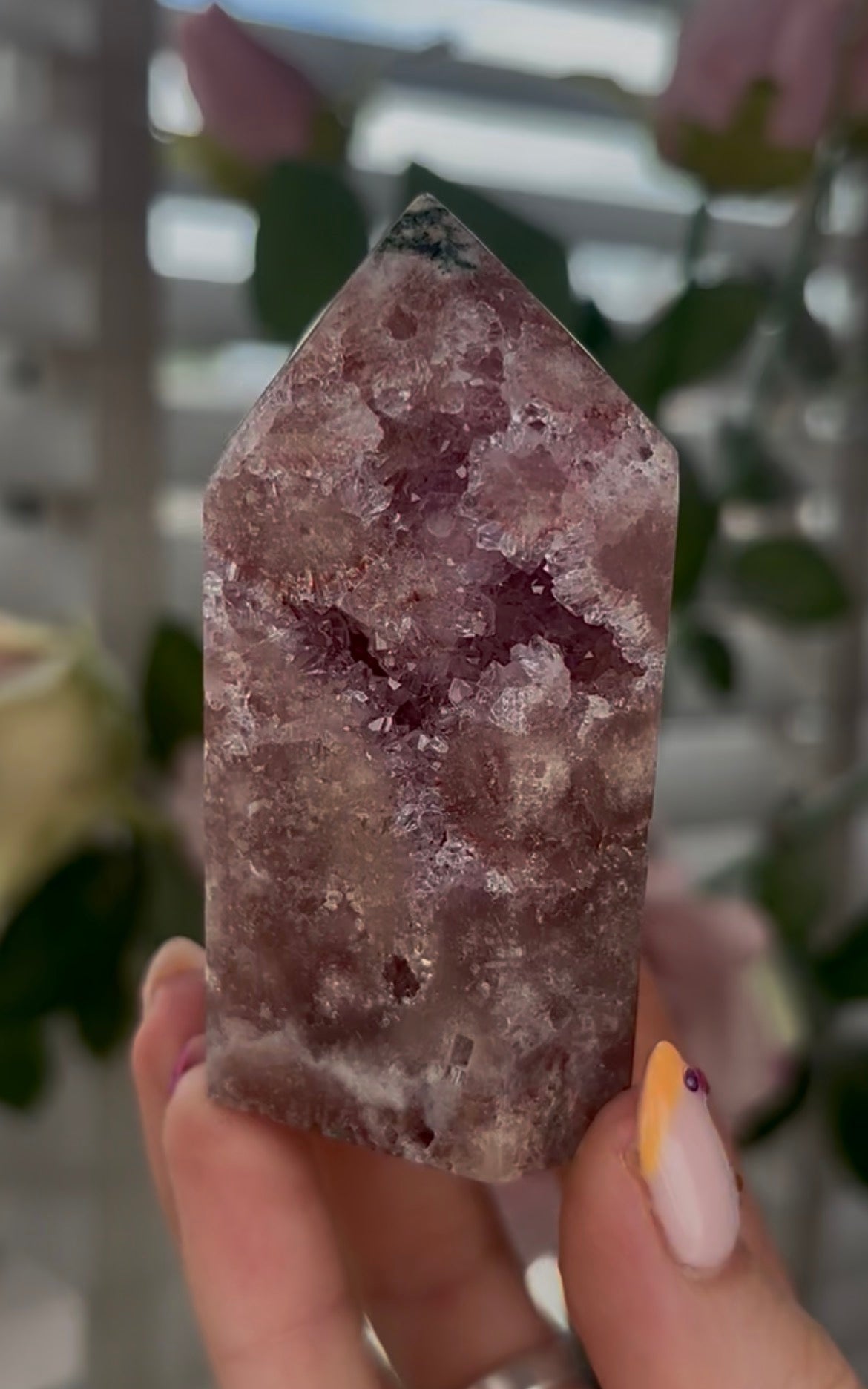 Beautiful, Pink amethyst tower with quartz druzy