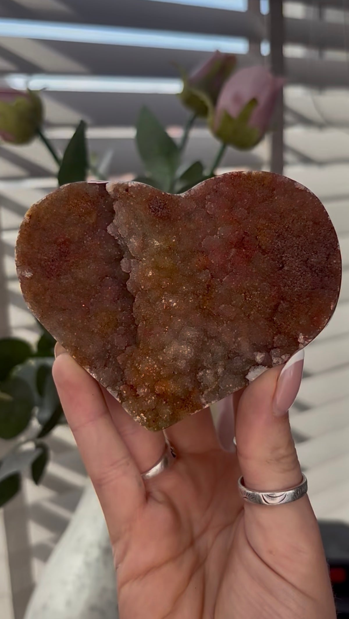 Uruguay, rainbow amethyst heart in rusty tone - comes with stand