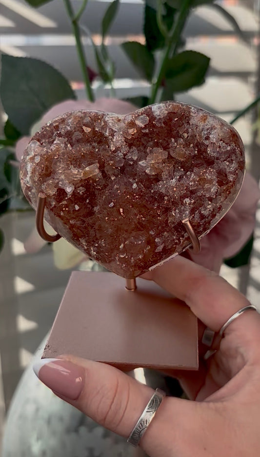 Gorgeous, high quality, pink amethyst heart with Jasper - comes with stand