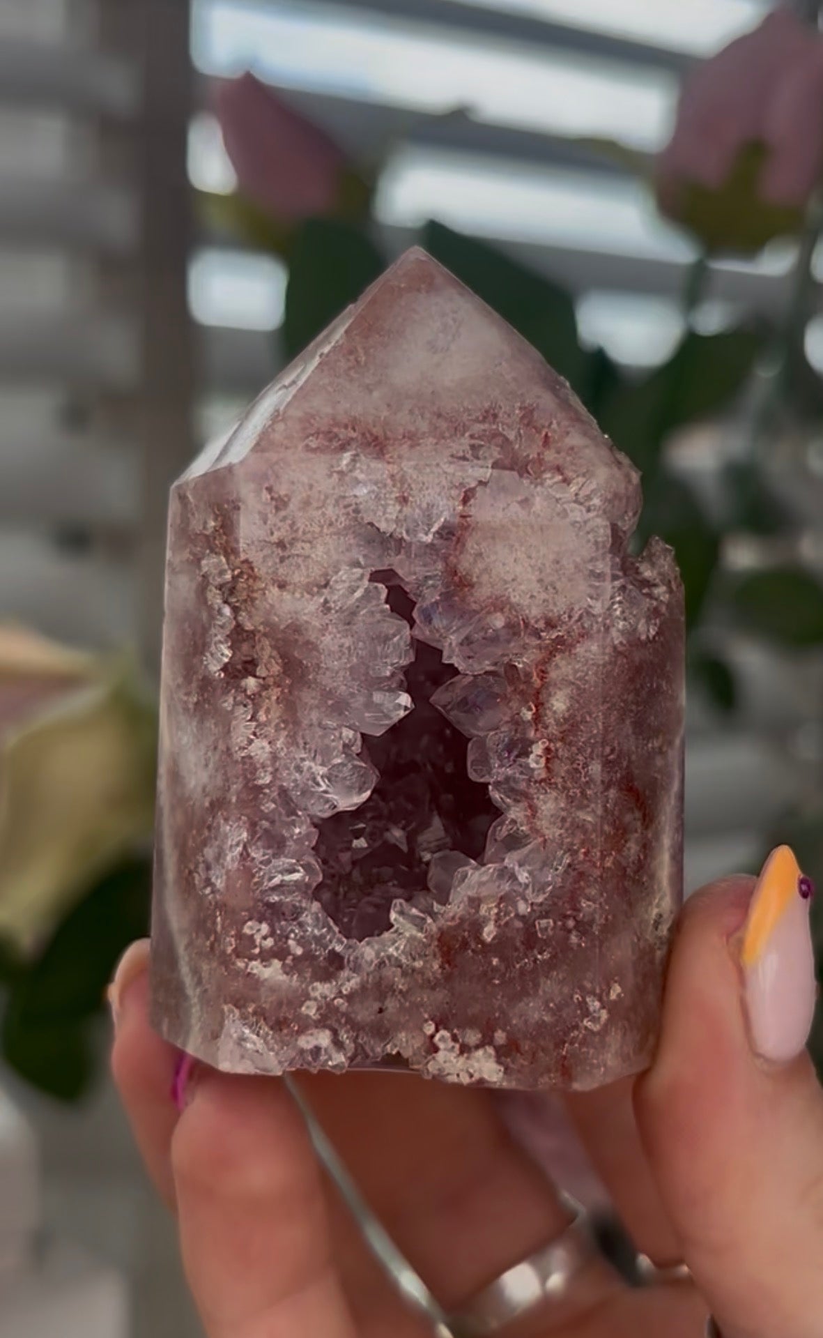Beautiful, Pink amethyst tower with quartz druzy