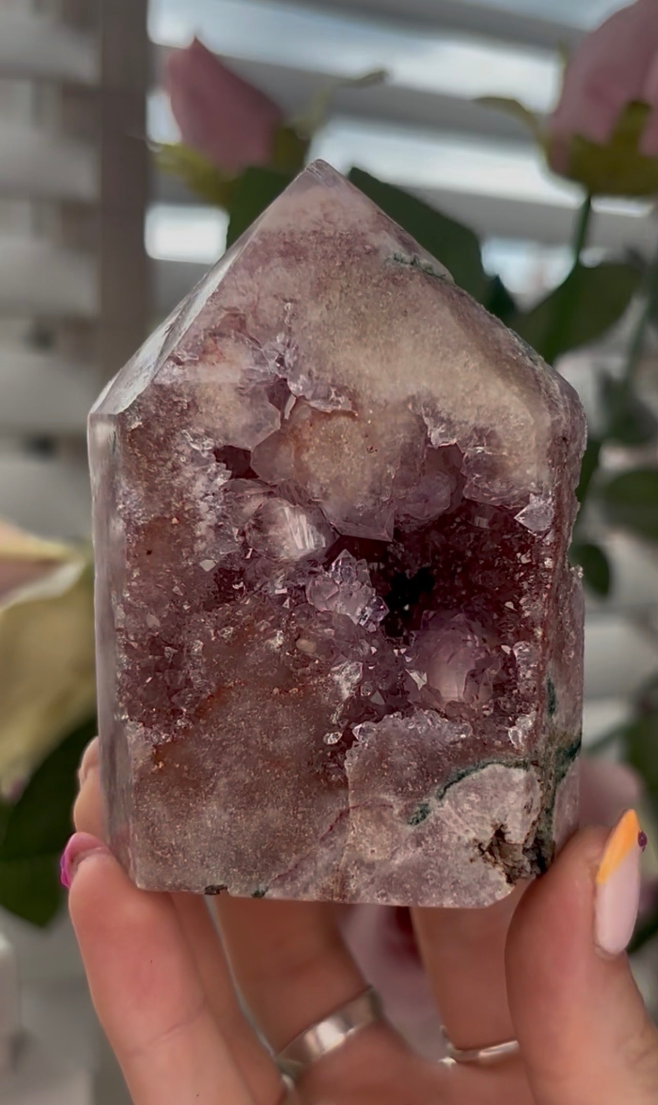 Pretty, high quality, Pink amethyst tower, with lilac quartz druzy