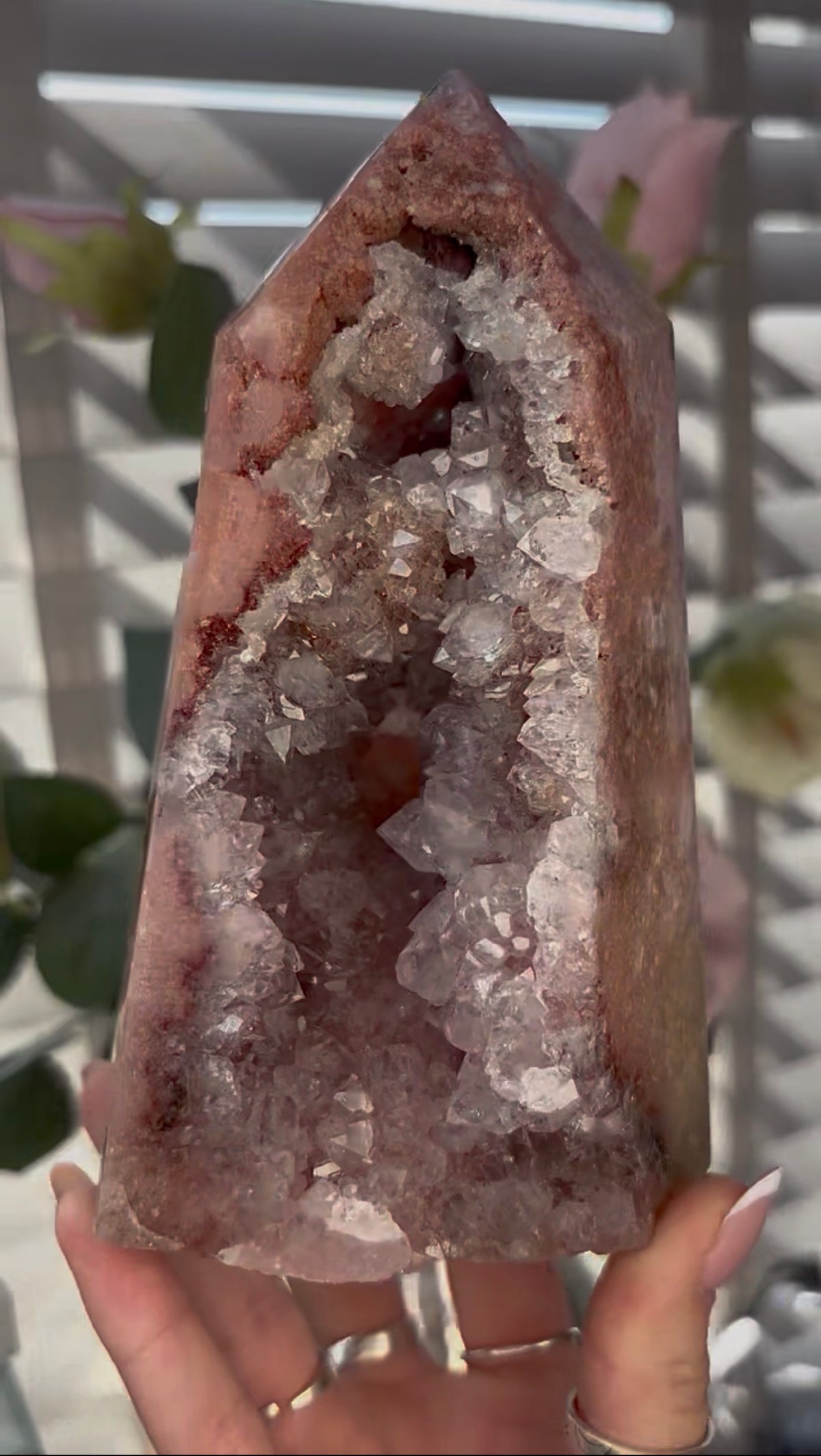 Beautiful, huge, chunky Pink amethyst tower with quartz teeth 16.5cm(h) by 9.4cm(w)