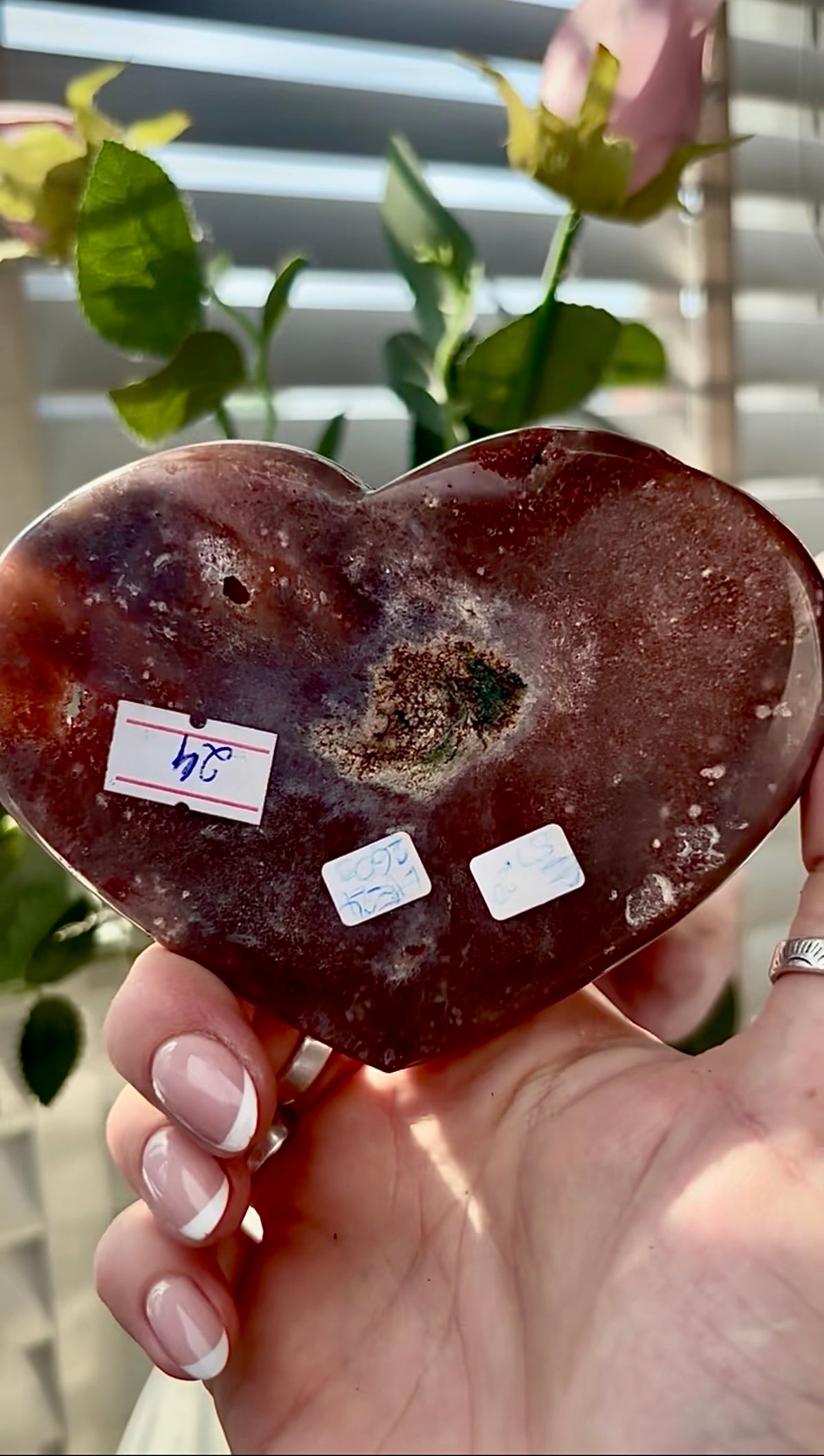 Gorgeous, high quality, berry red pink amethyst heart- comes with stand