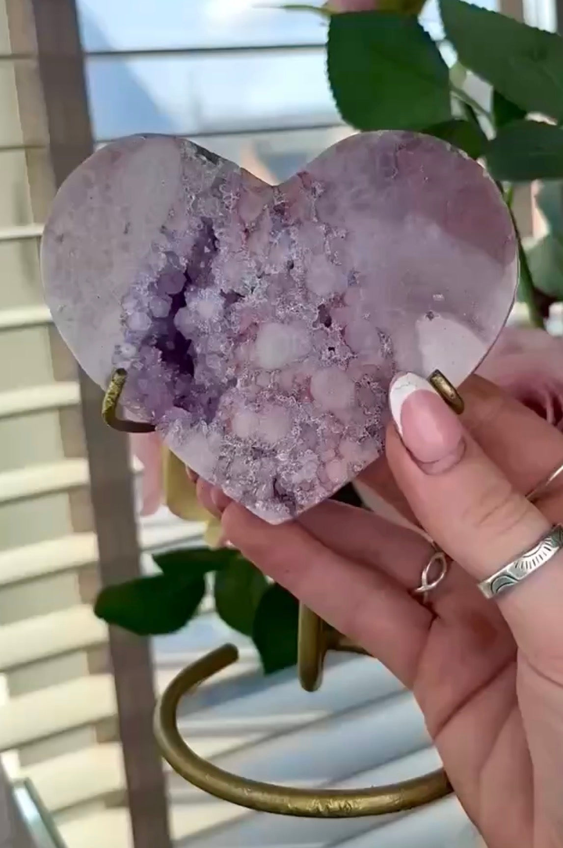 High quality pink amethyst heart with quartz - comes with stand
