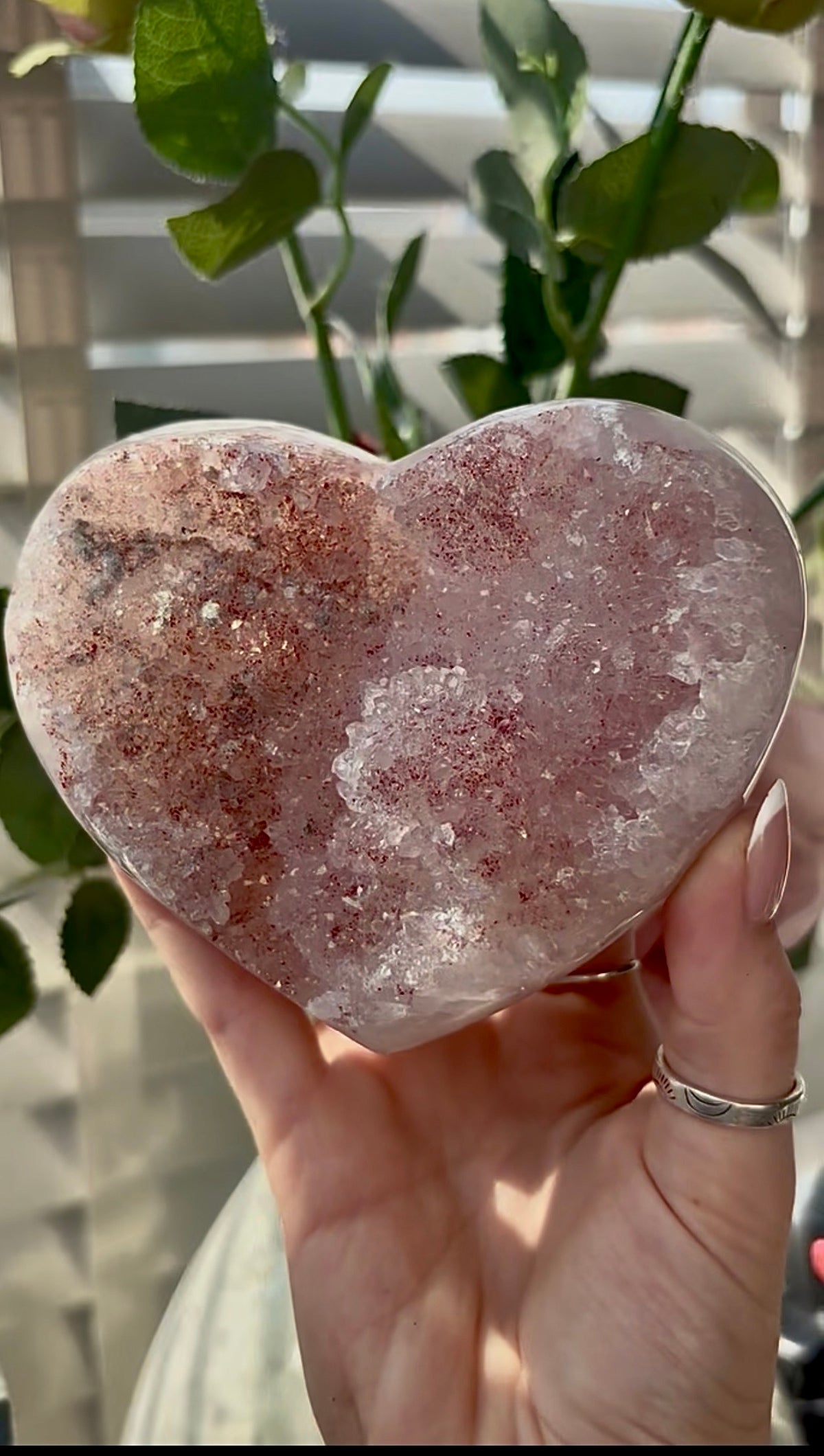 Gorgeous, pink amethyst heart- comes with stand