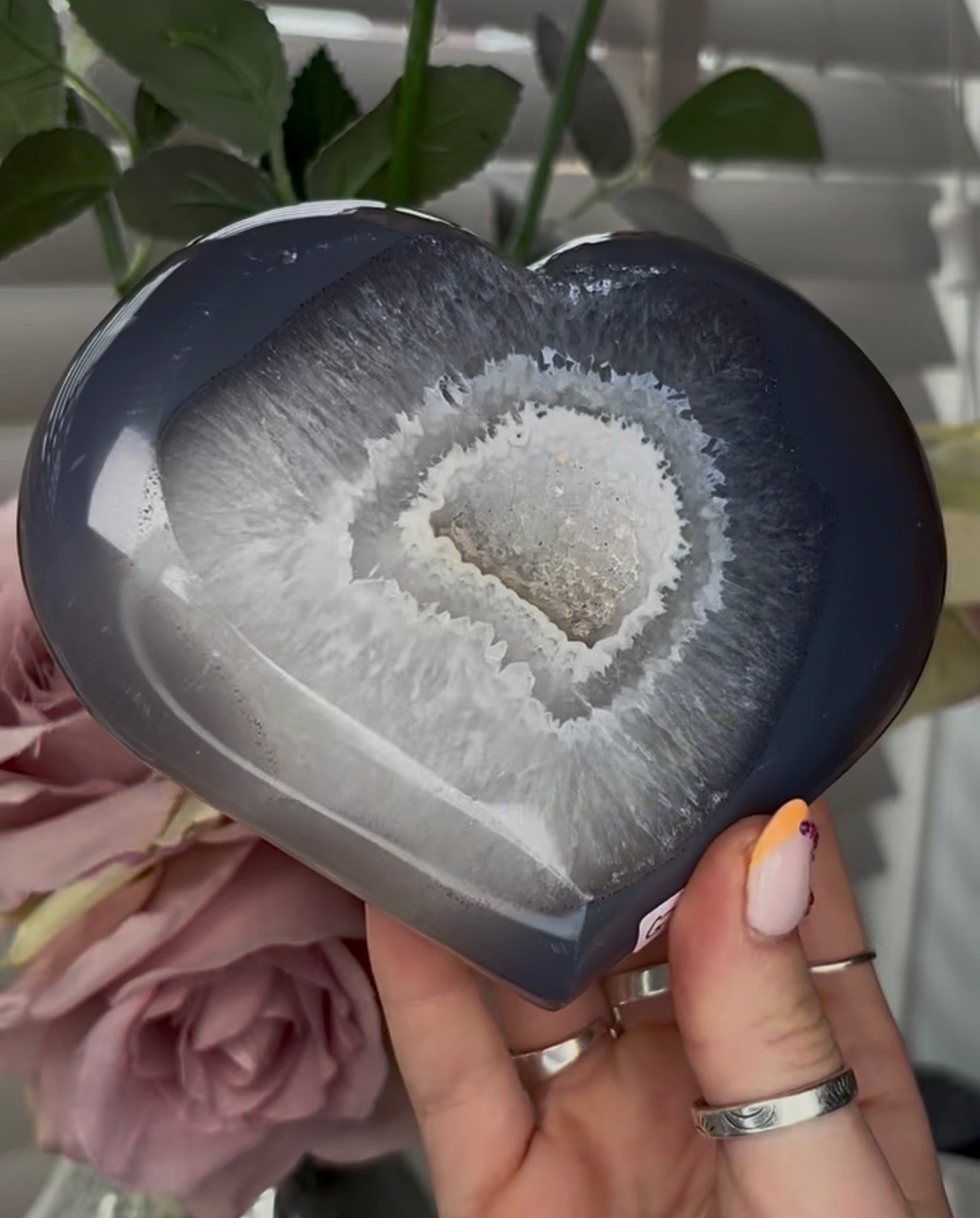 Beautiful, high grade, blue agate heart with druzy - comes with stand