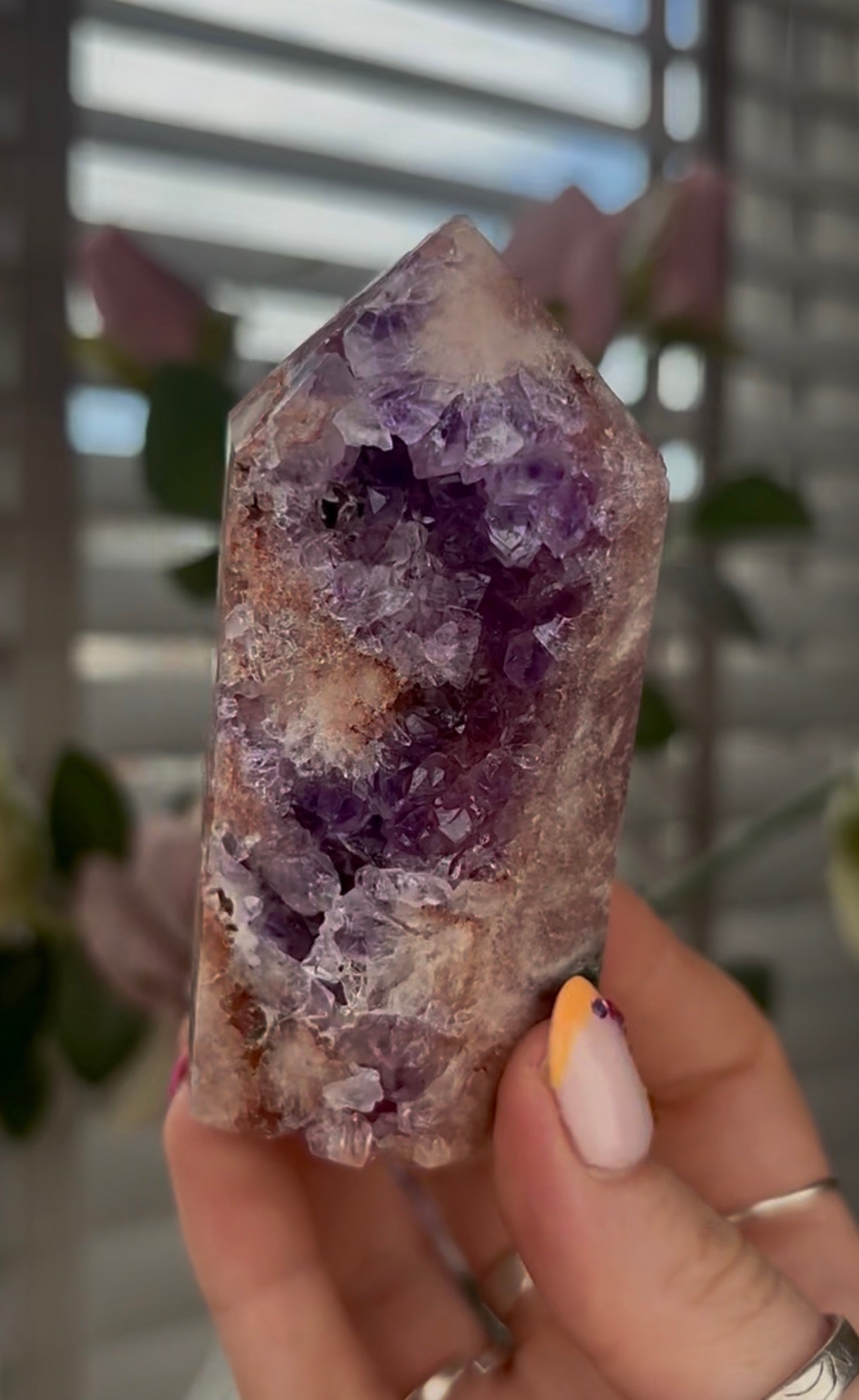 Beautiful, high quality, Pink amethyst tower with purple quartz