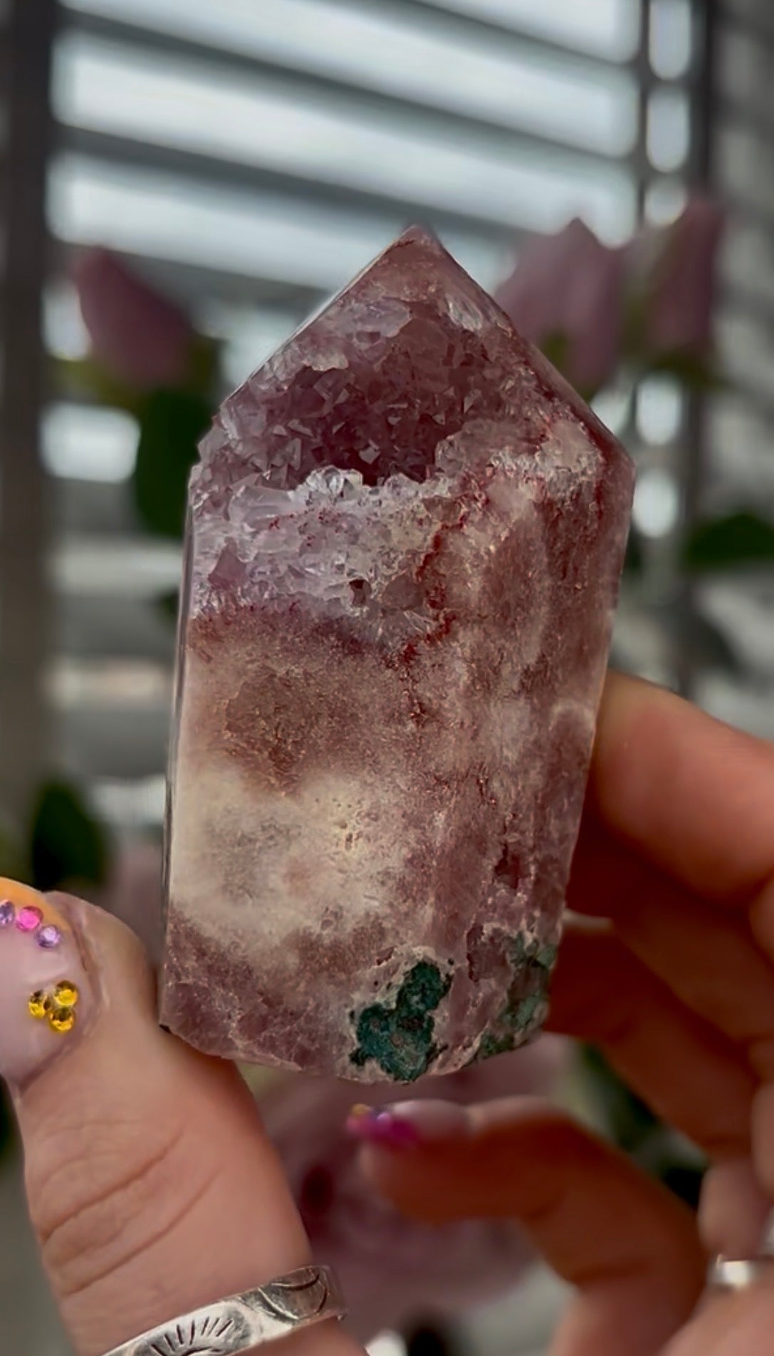 High quality, Pink amethyst tower, with quartz top & Green jasper