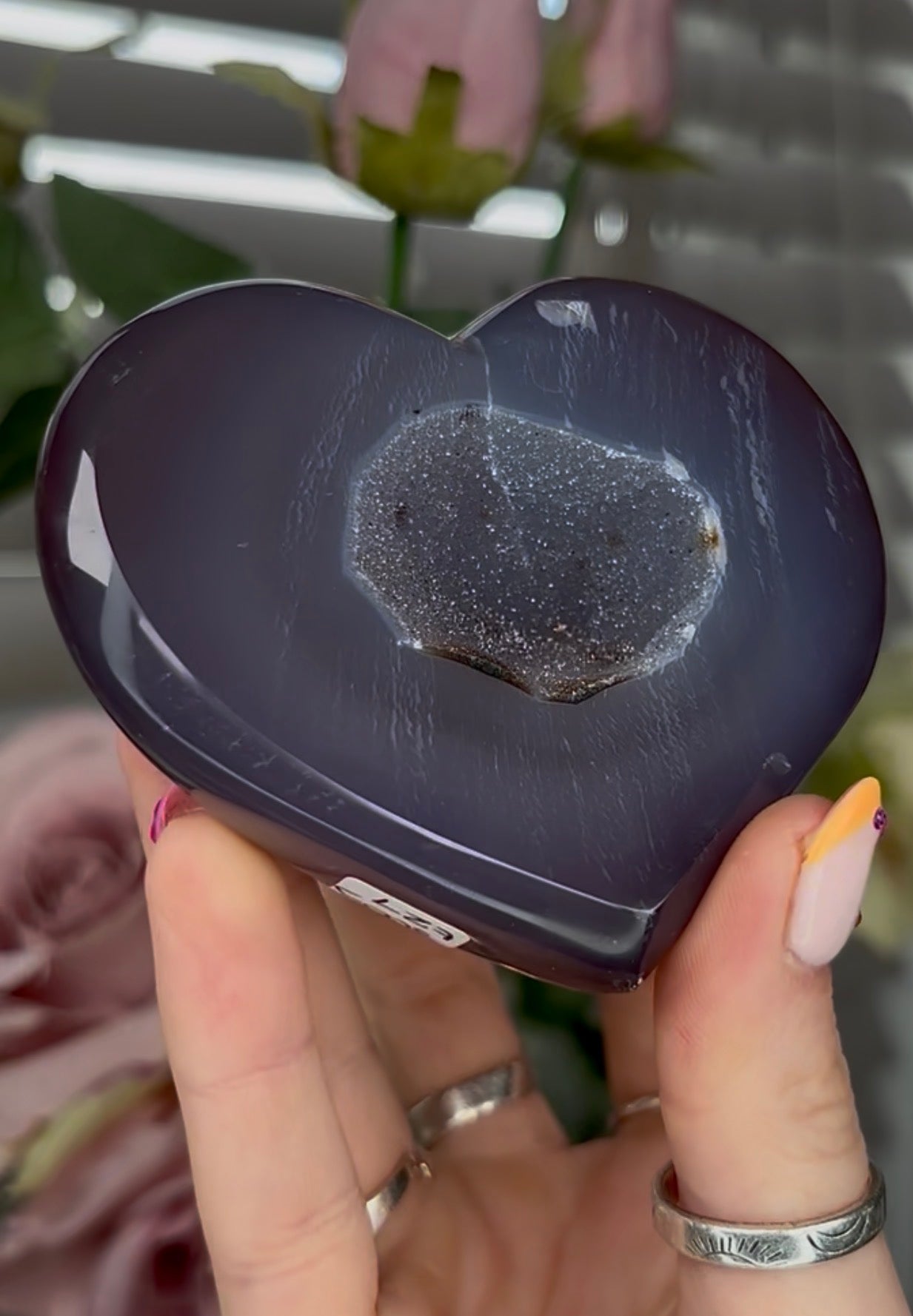Beautiful, high grade, blue agate heart with druzy - comes with stand