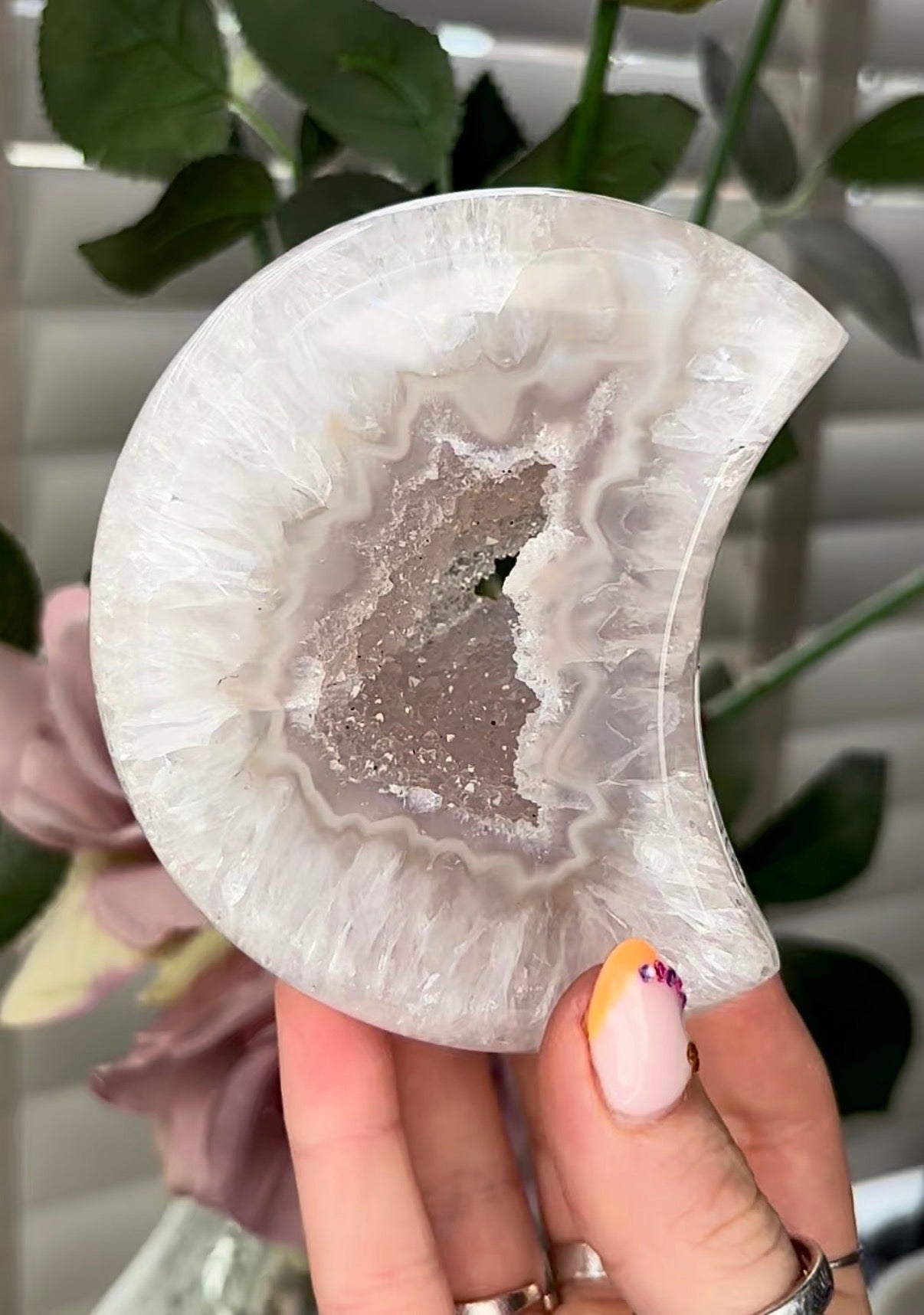 Beautiful, high grade, agate moon with druzy - comes with stand