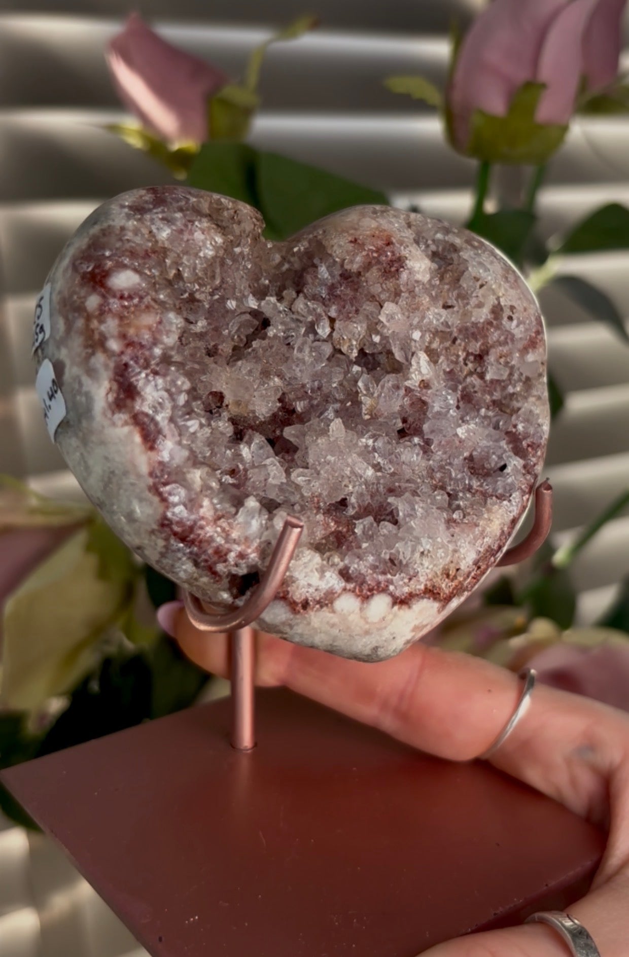 pink amethyst heart with quartz Druze- comes with stand