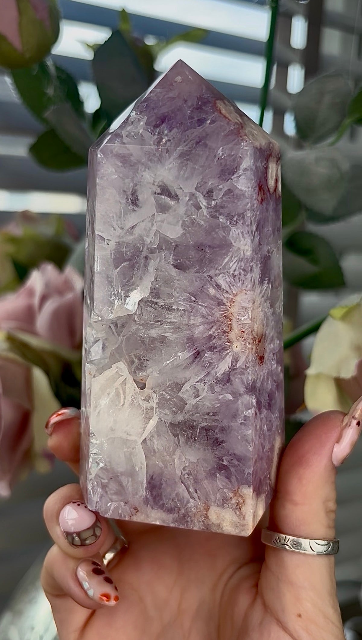 High grade, Amethyst Flower agate tower 13cm by 6cm