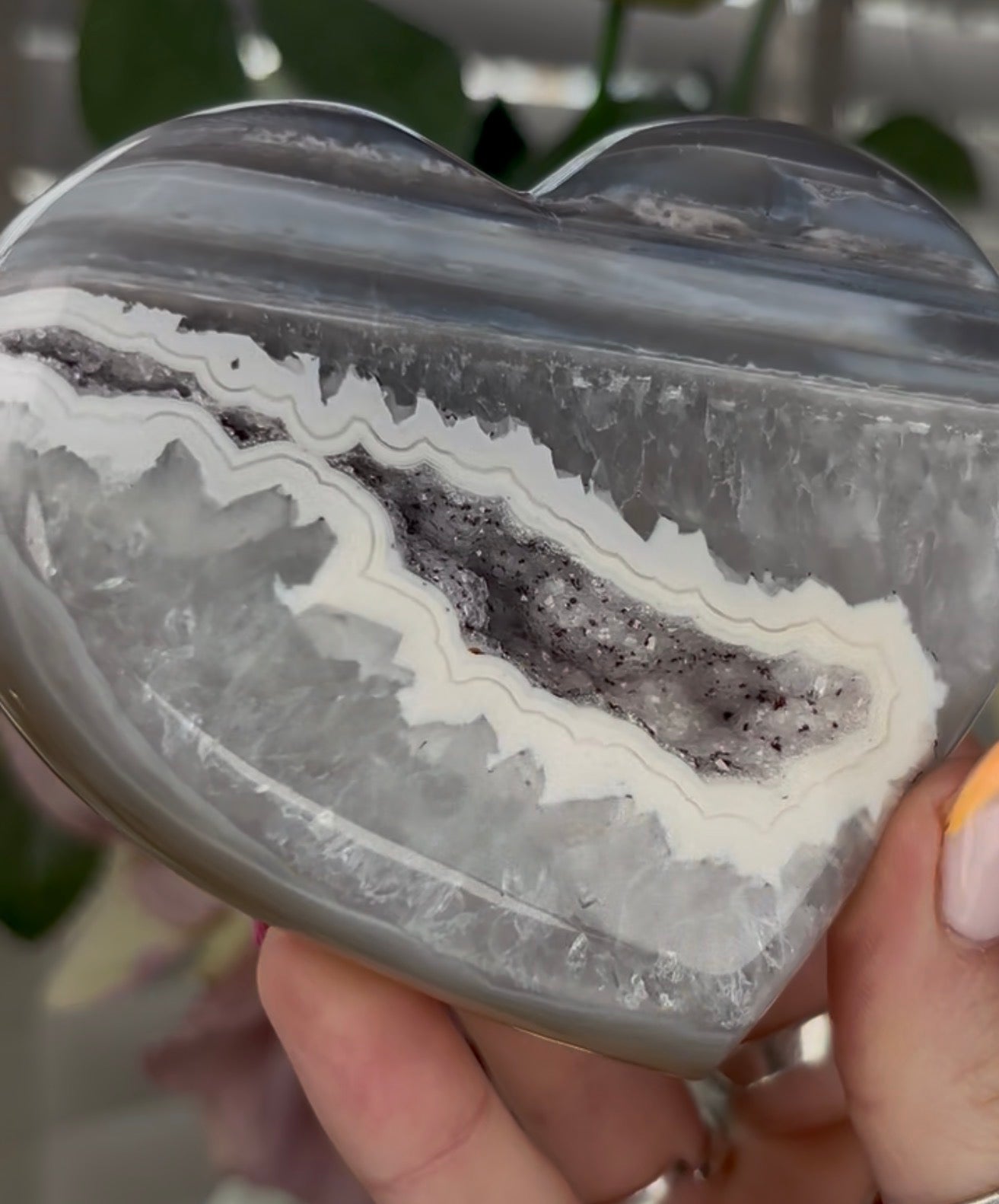 Beautiful, high grade, blue banded agate heart with druzy - stand included