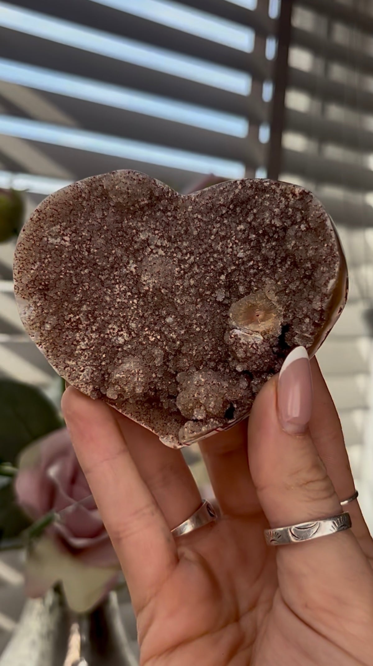 Uruguay, rainbow amethyst heart in rusty tone - comes with stand