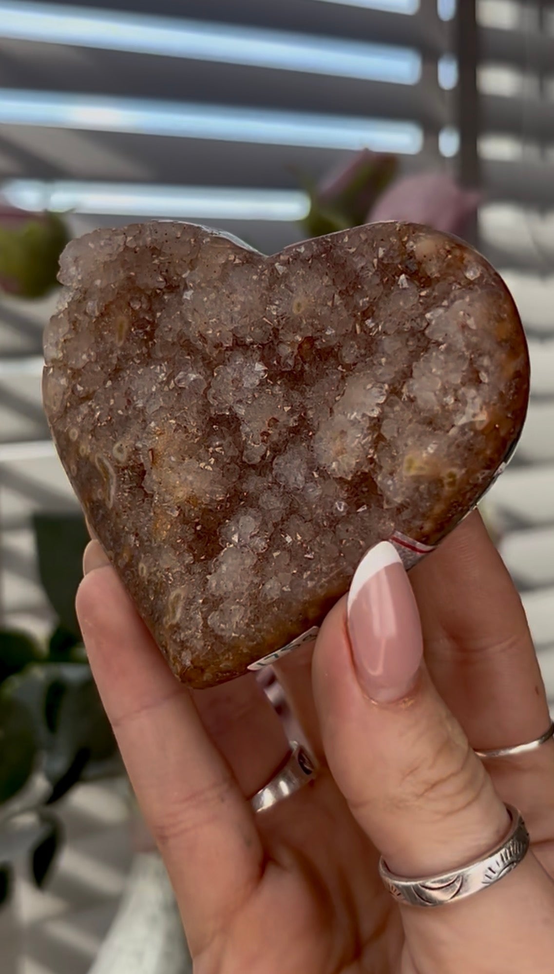 Uruguay, rainbow amethyst heart - comes with stand