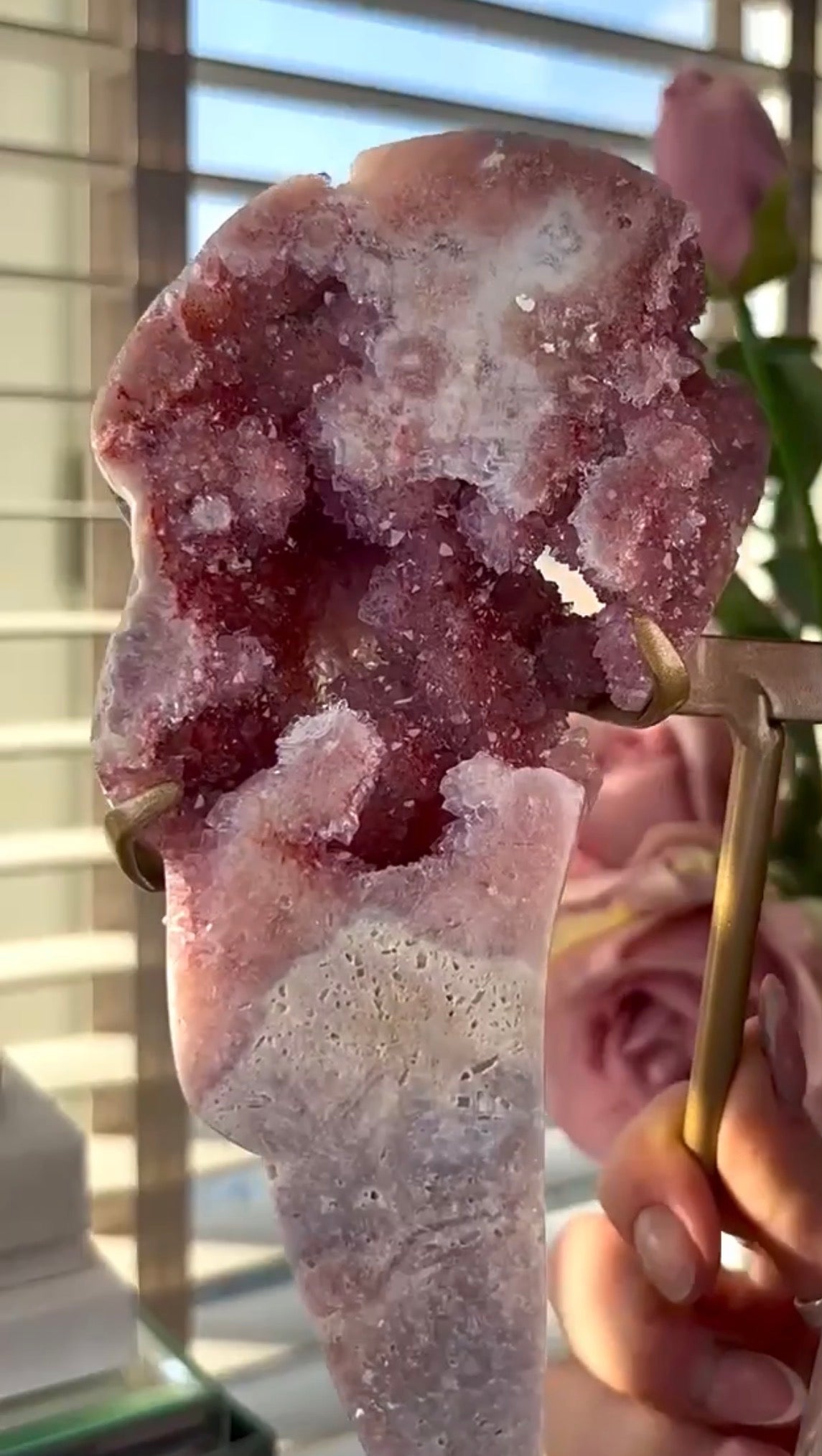 High quality, pink amethyst wings in reddish/deep pink tone - comes with stand