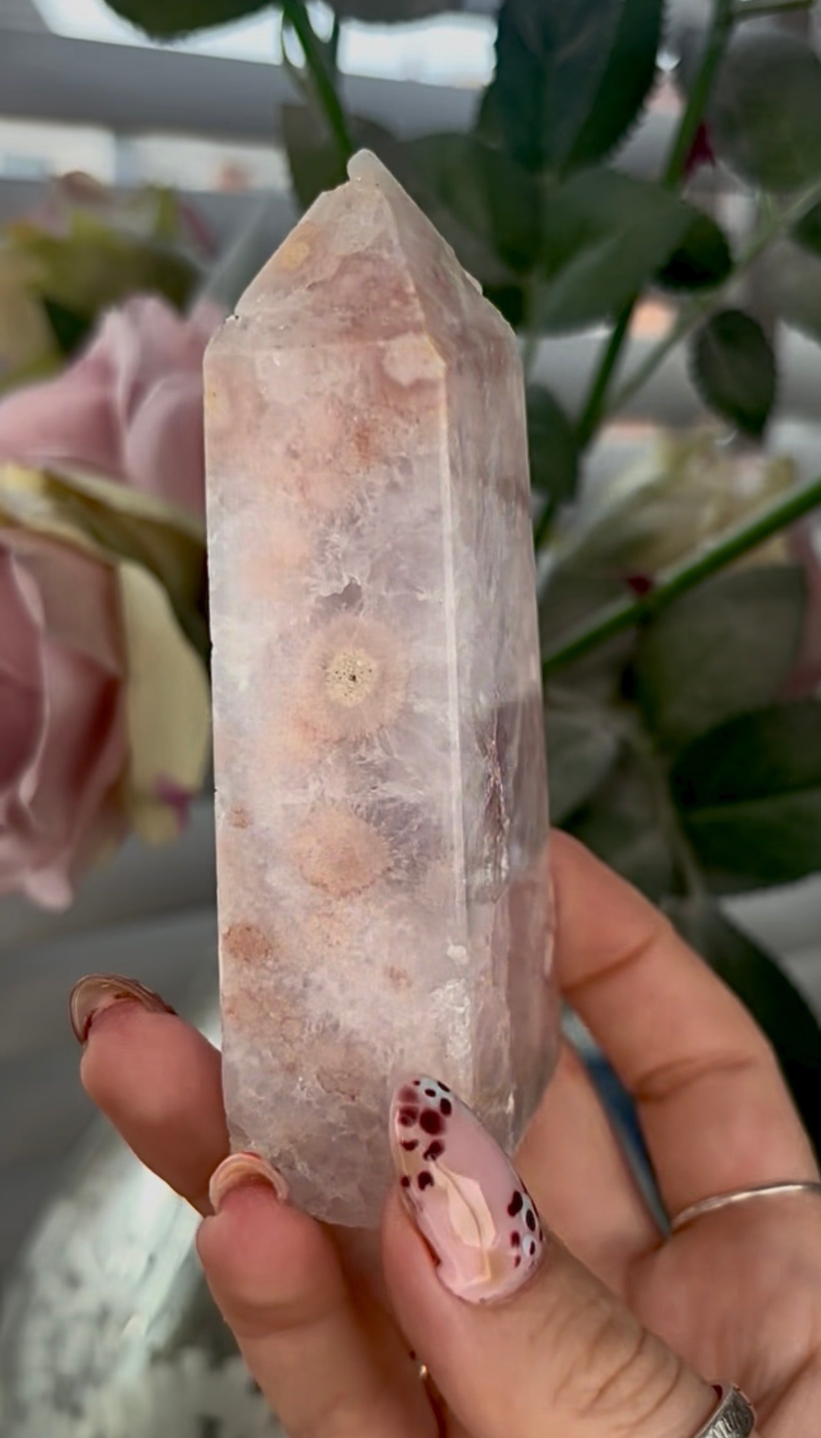 Pink amethyst Flower agate tower with quartz