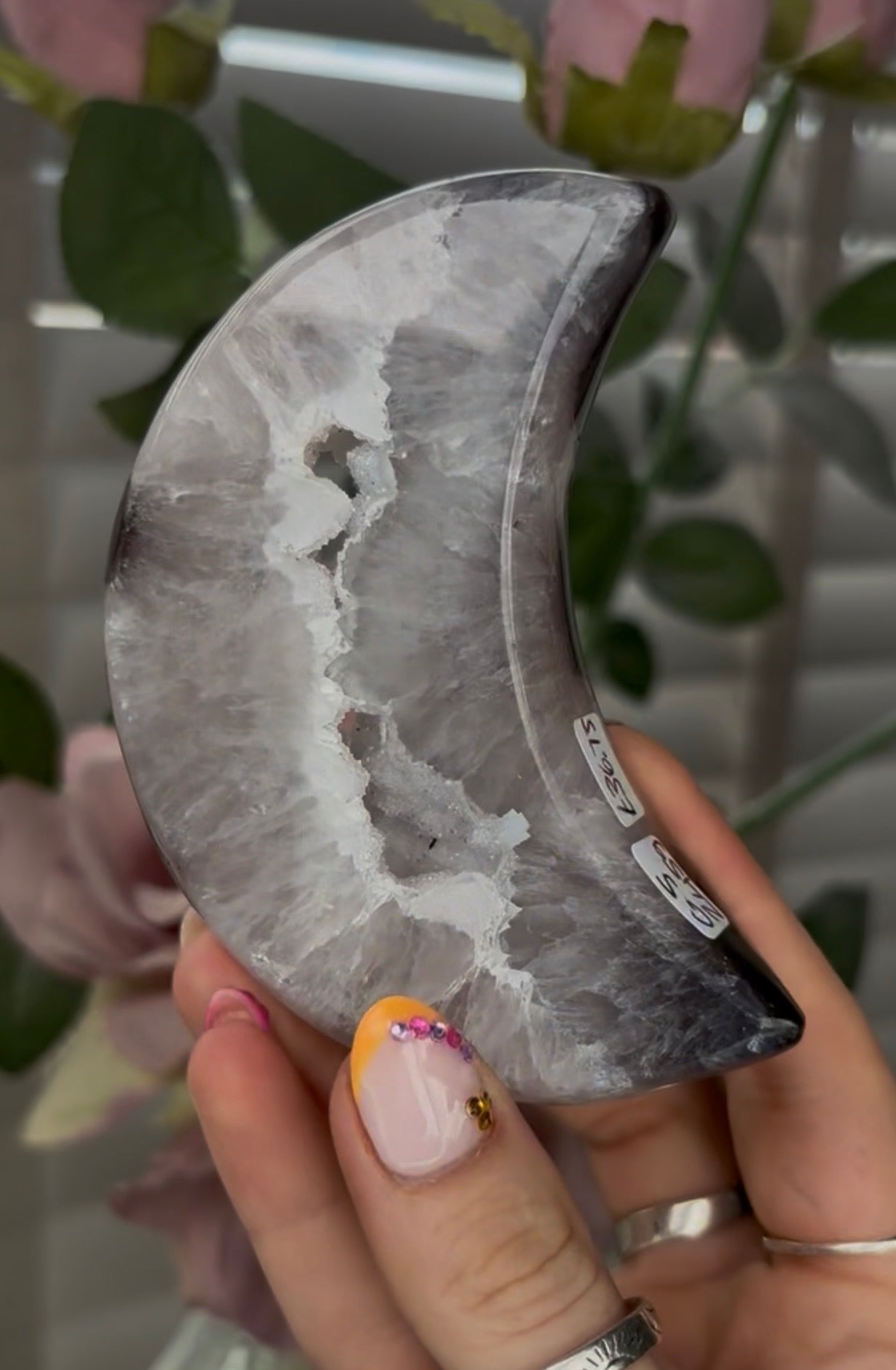 Beautiful, high grade, agate moon with druzy - comes with stand
