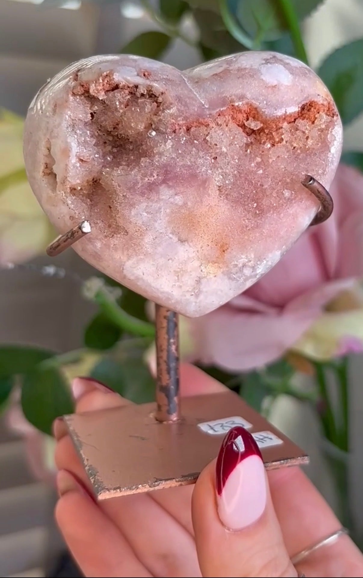 pink amethyst heart - comes with stand