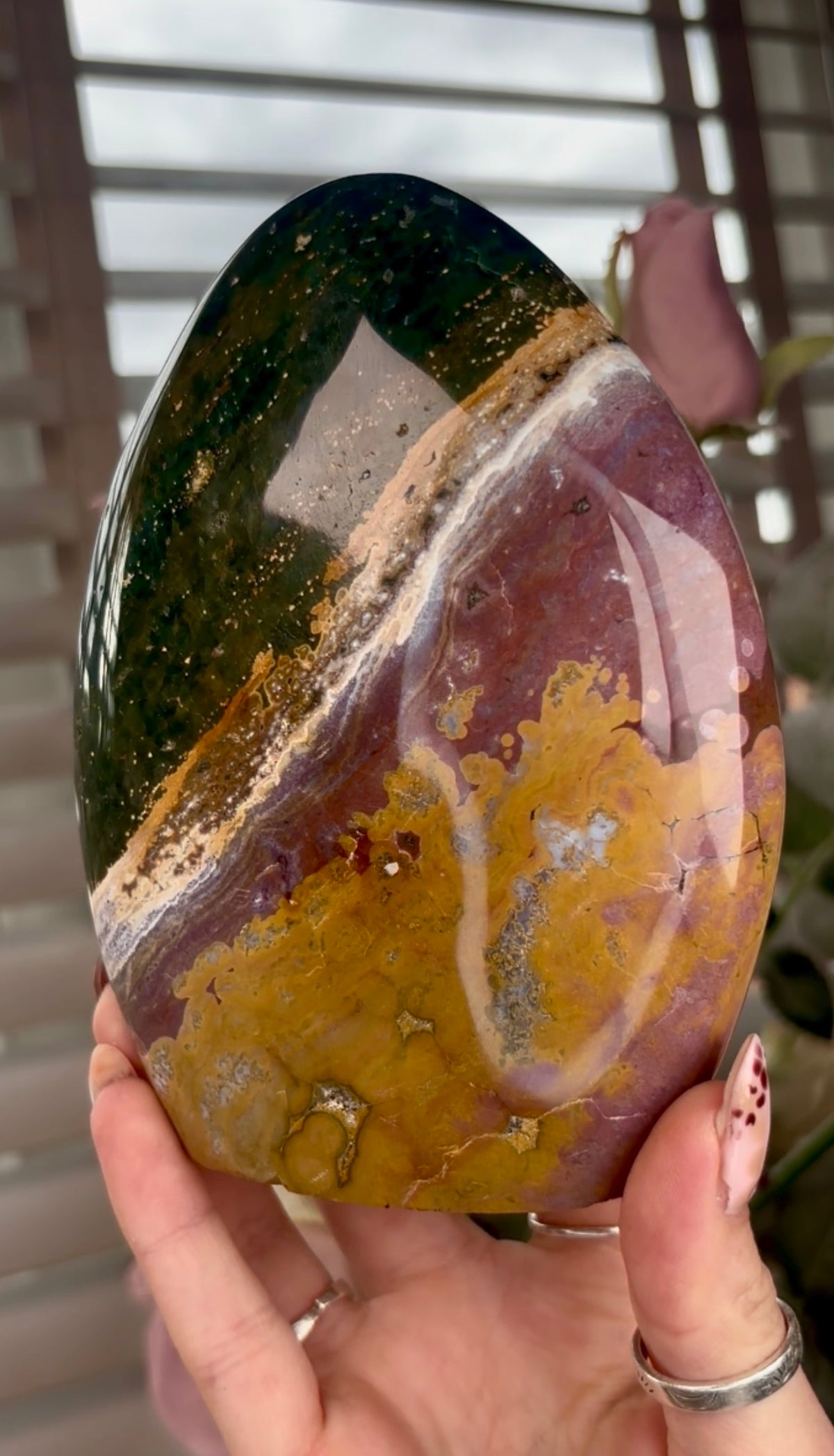 High quality, purple, mustard & green ocean jasper Freeform 13.5cm(h) 10cm(w)