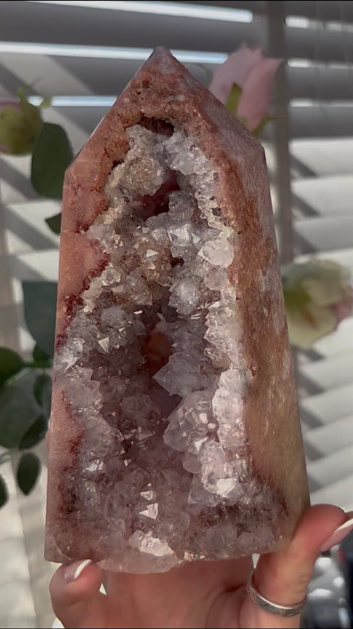 Beautiful, huge, chunky Pink amethyst tower with quartz teeth 16.5cm(h) by 9.4cm(w)