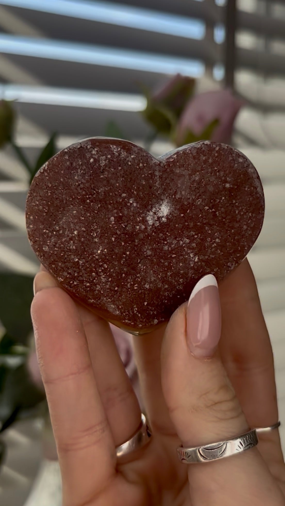 Uruguay, rainbow amethyst heart In rust tones - comes with stand