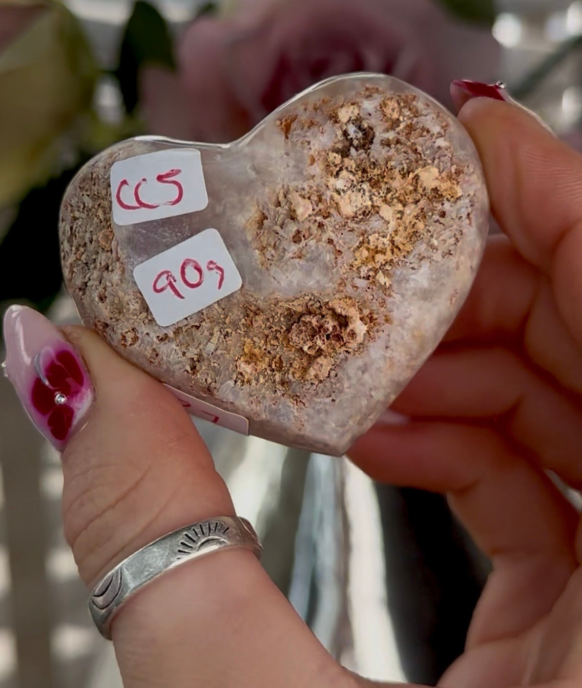 Hq mini pink amethyst heart with druzy - comes with stand