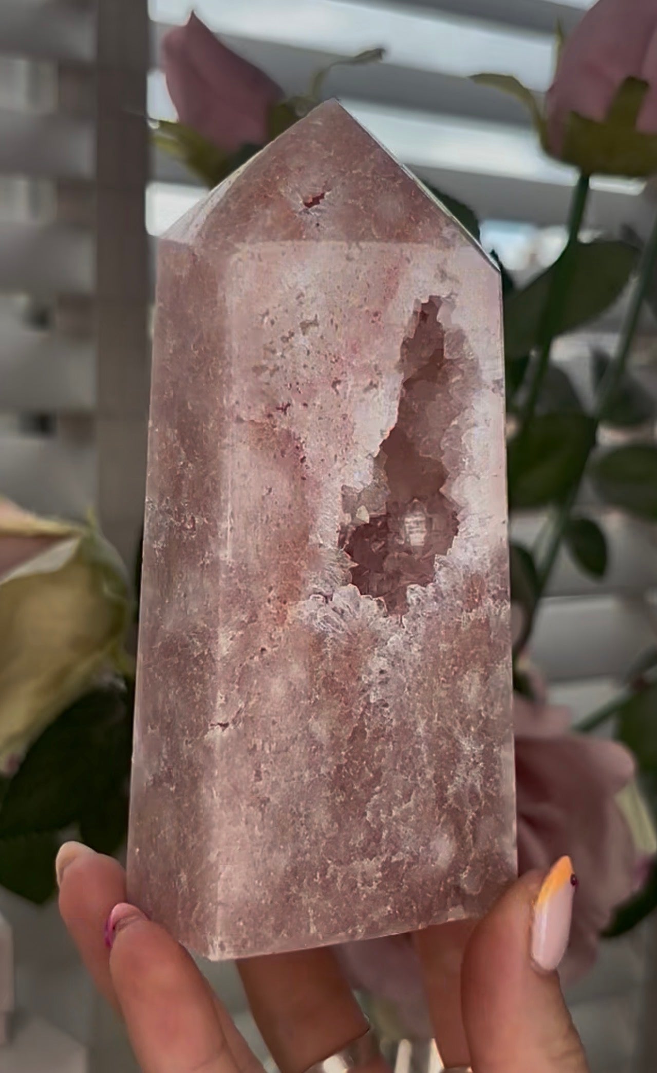 Pretty, Pink amethyst tower, with quartz druzy