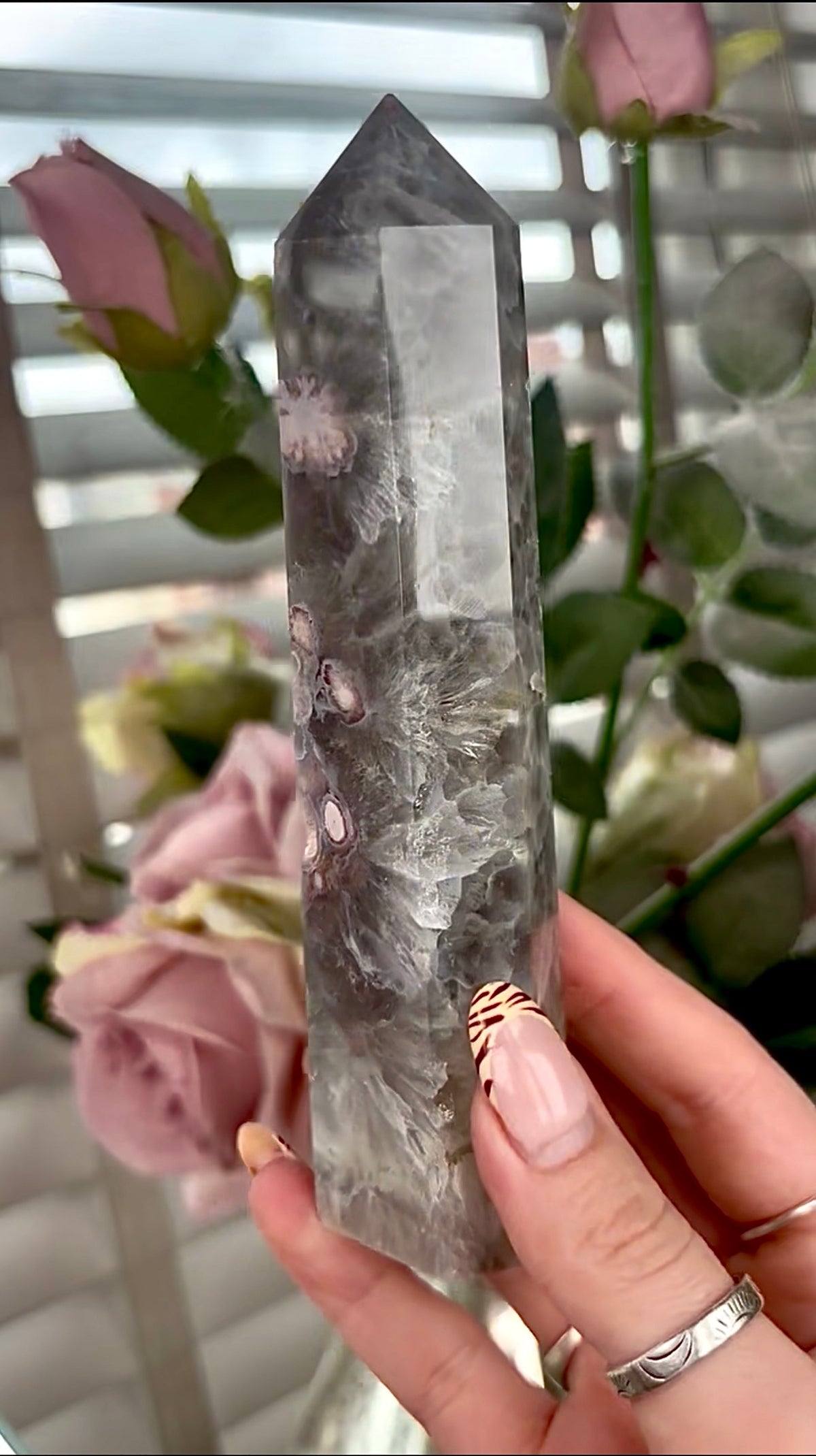 Stunning!! Super high quality, Druzy, green chlorite x blue flower agate tower 15.4cm (h)