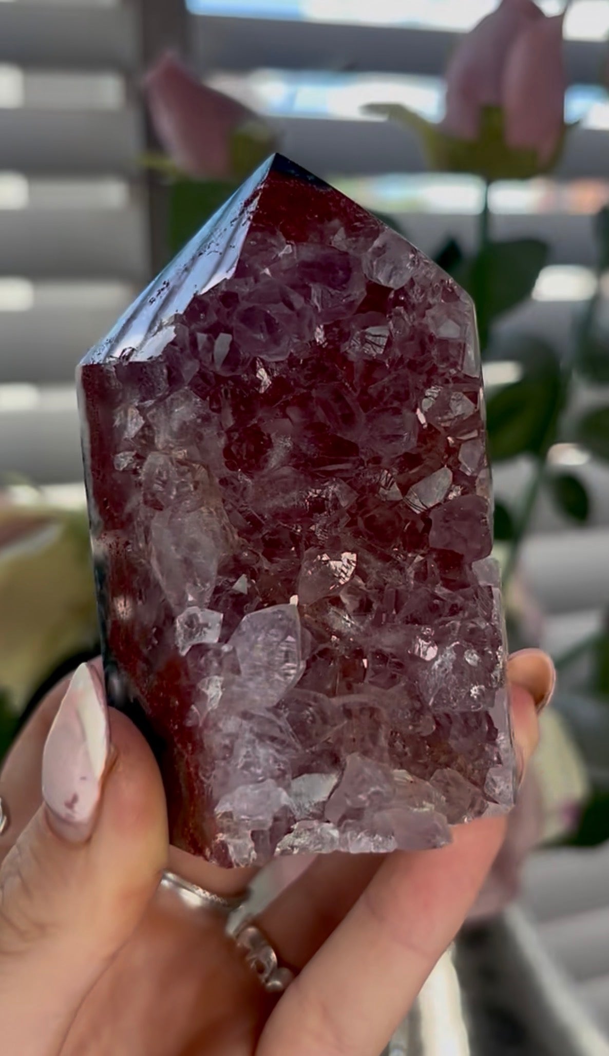 Beautiful, high quality, Pink amethyst tower with red quartz druzy on a Green jasper back