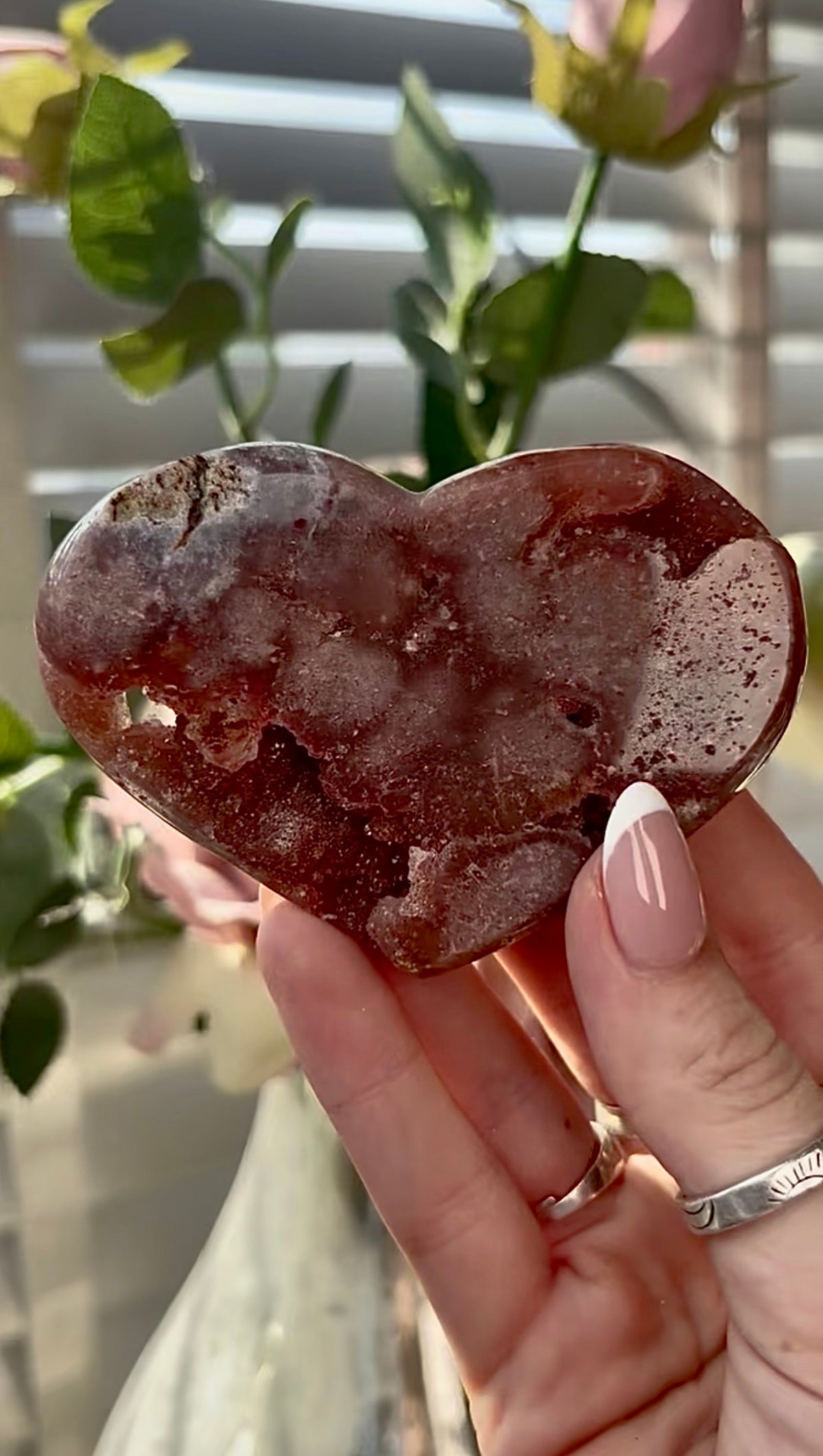 Gorgeous, high quality, berry red pink amethyst heart- comes with stand