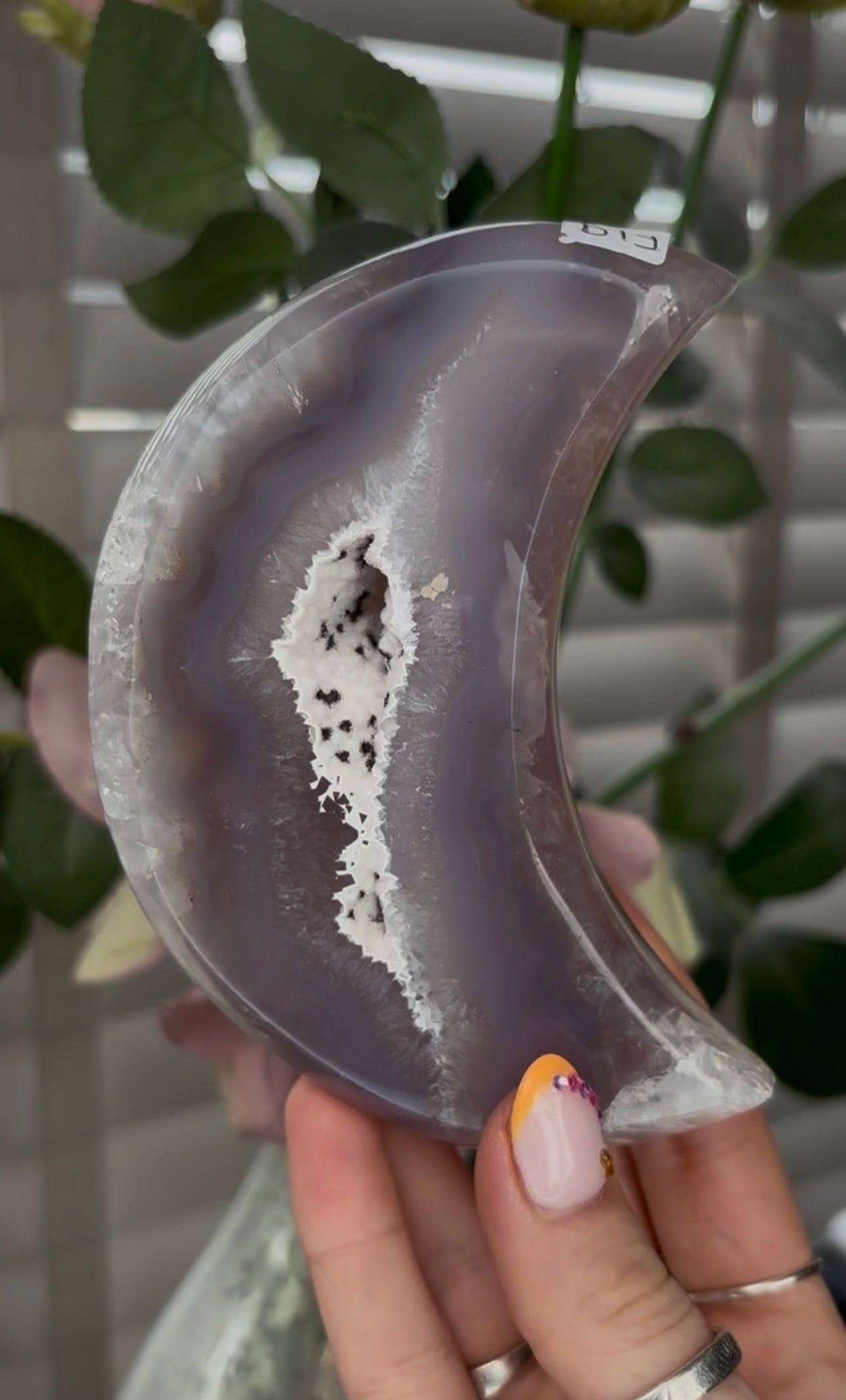 Beautiful, high grade, agate moon with druzy - comes with stand