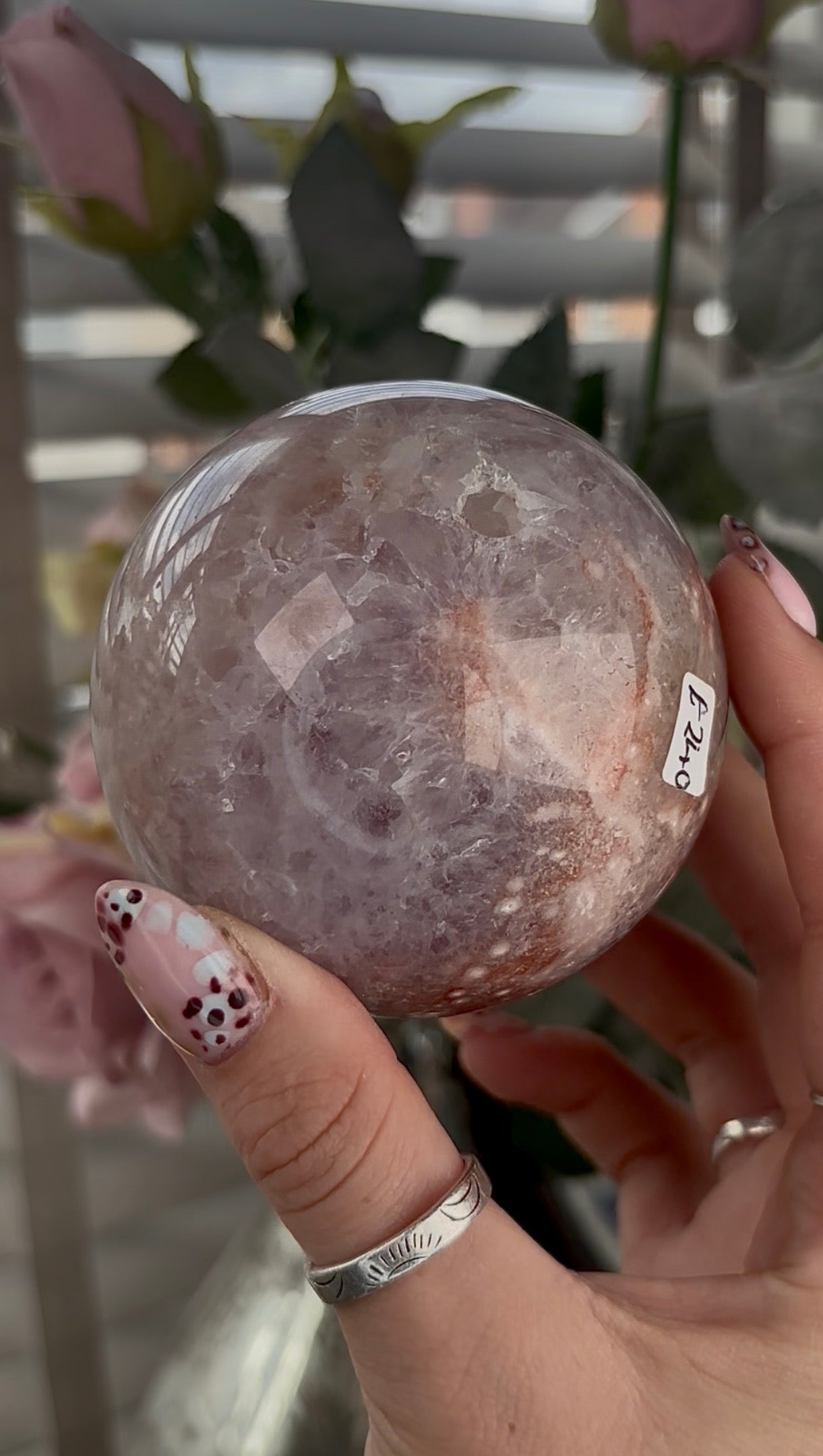 High grade, amethyst Flower agate sphere with high clarity quartz