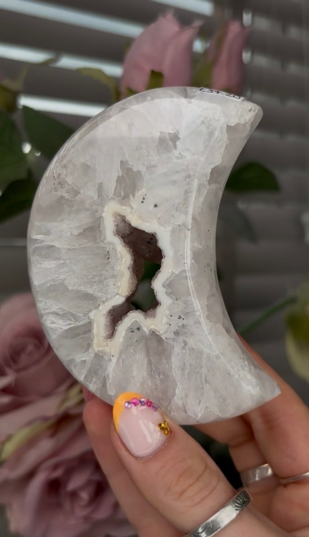 Beautiful, high grade, agate moon with druzy - comes with stand