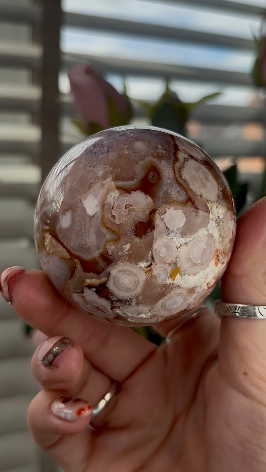 High grade, amethyst Flower agate sphere with druzy quartz