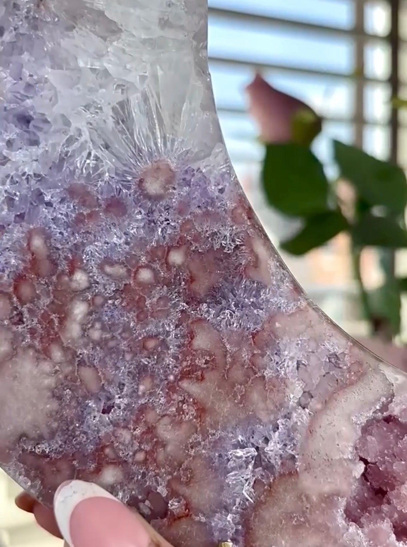 High grade, pink amethyst moon with quartz - comes with stand